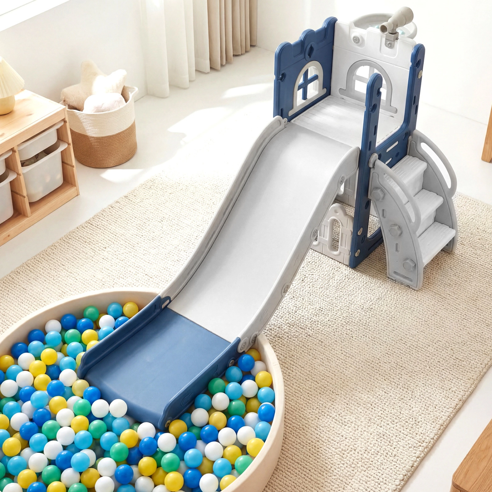 SUGIFT Blue Basketball Hoop and Ladder 6-in-1 Toddler Slide L-Shaped Playground
