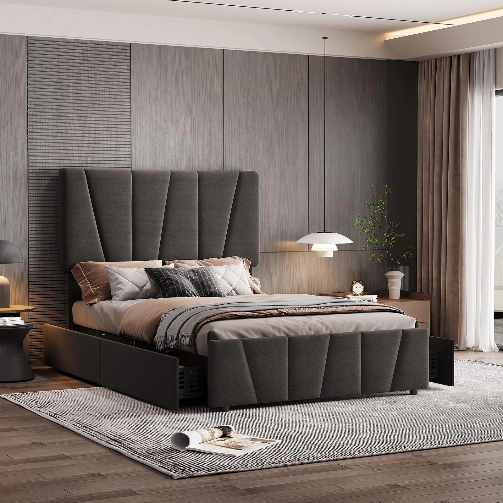 BebreezChic Upholstered Full Platform Bed Frame with 4 Drawers