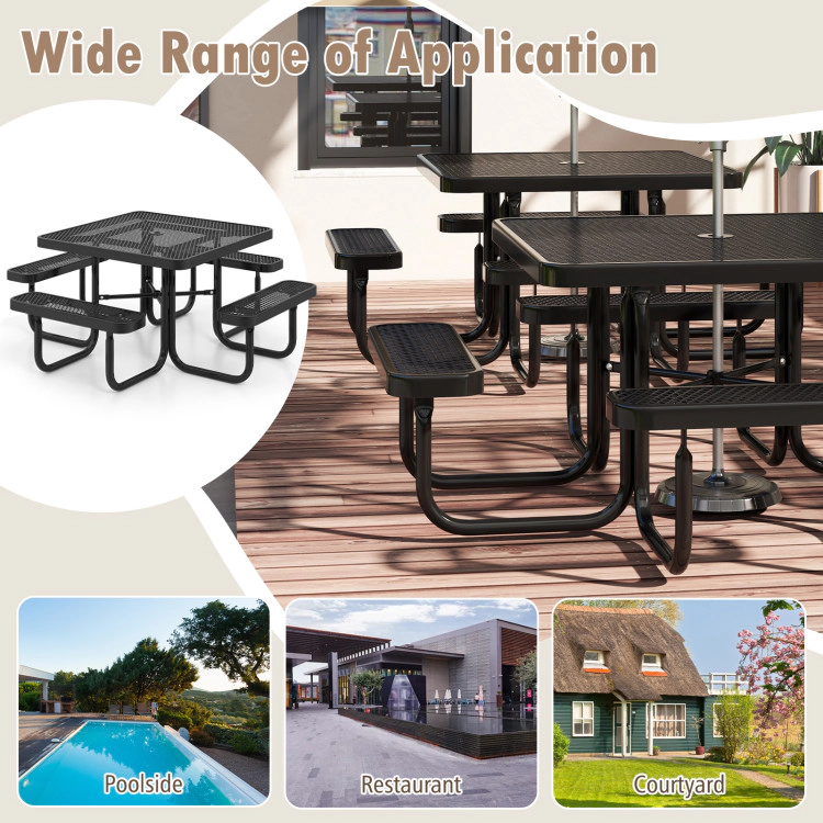 Hivvago Square Picnic Table And Bench For 8 Person With Seats And Umbrella Hole-Black