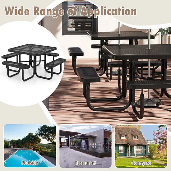 Hivvago Square Picnic Table And Bench For 8 Person With Seats And Umbrella Hole-Black