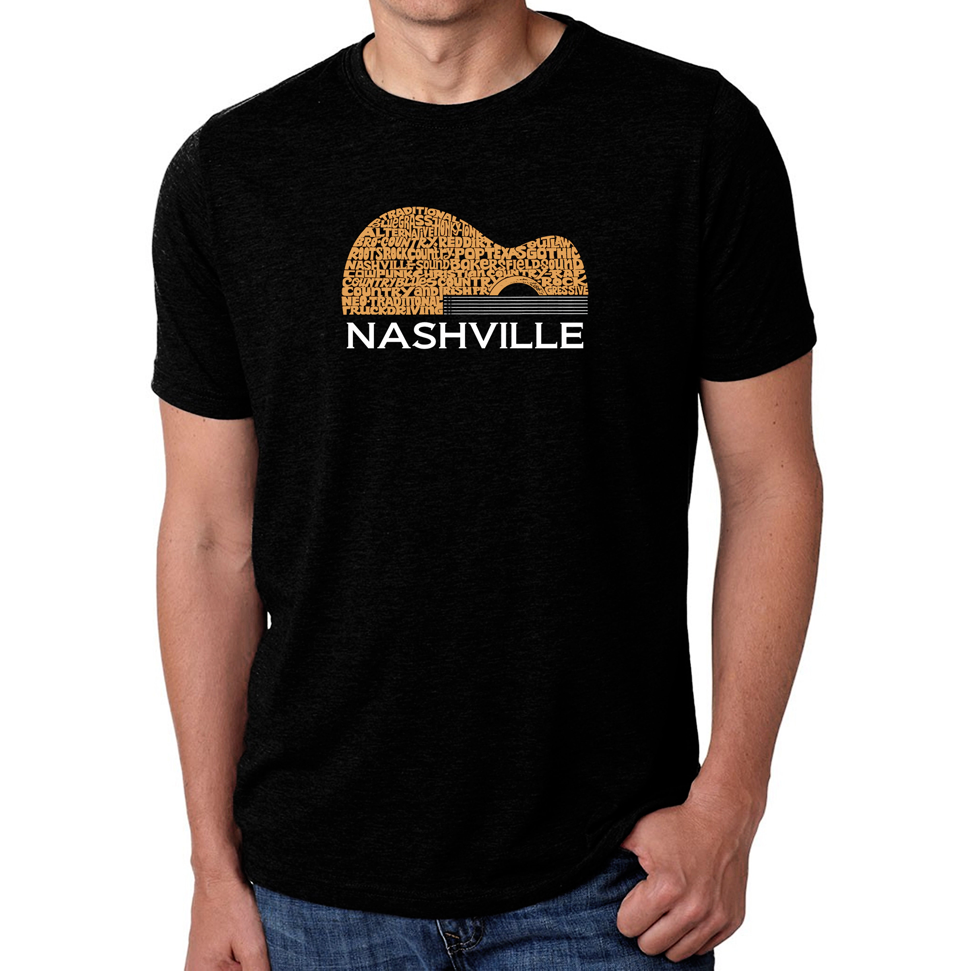 LA Pop Art Men's Word T-Shirt - Nashville Guitar, 35% Cotton 65% Polyester