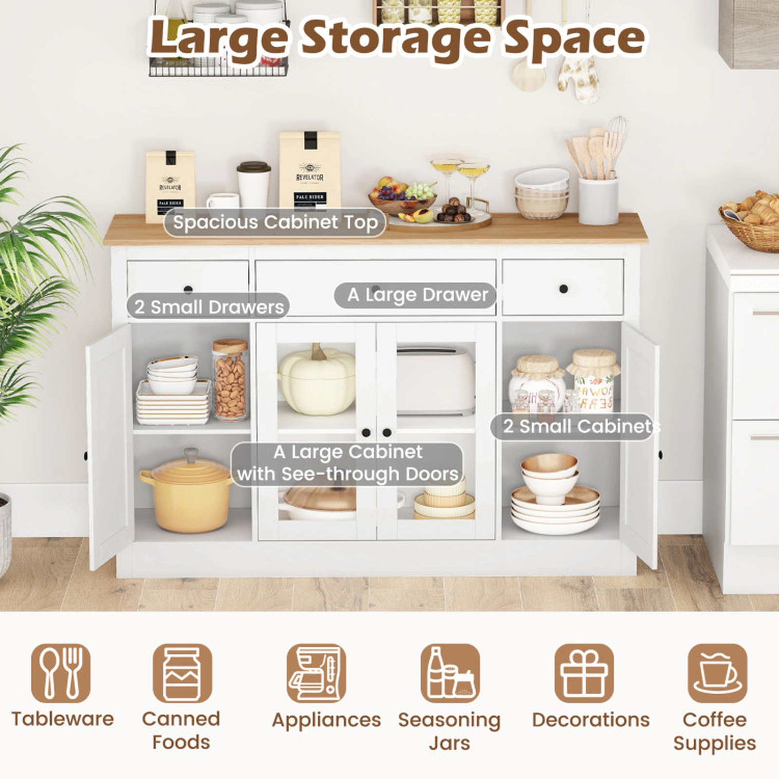 SUGIFT 55.5-in Large White Buffet Sideboard Wine Bar Table with 3 Drawers 2 See-Through Doors and Shelves
