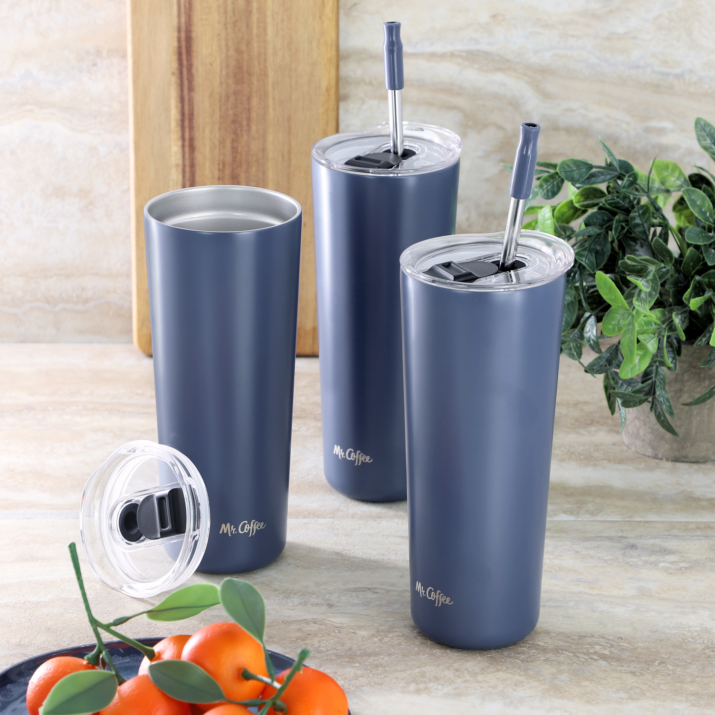 Mr. Coffee Java Quest 4 Piece 23 oz Stainless Steel Tumbler Set with Lids and Straws in Blue