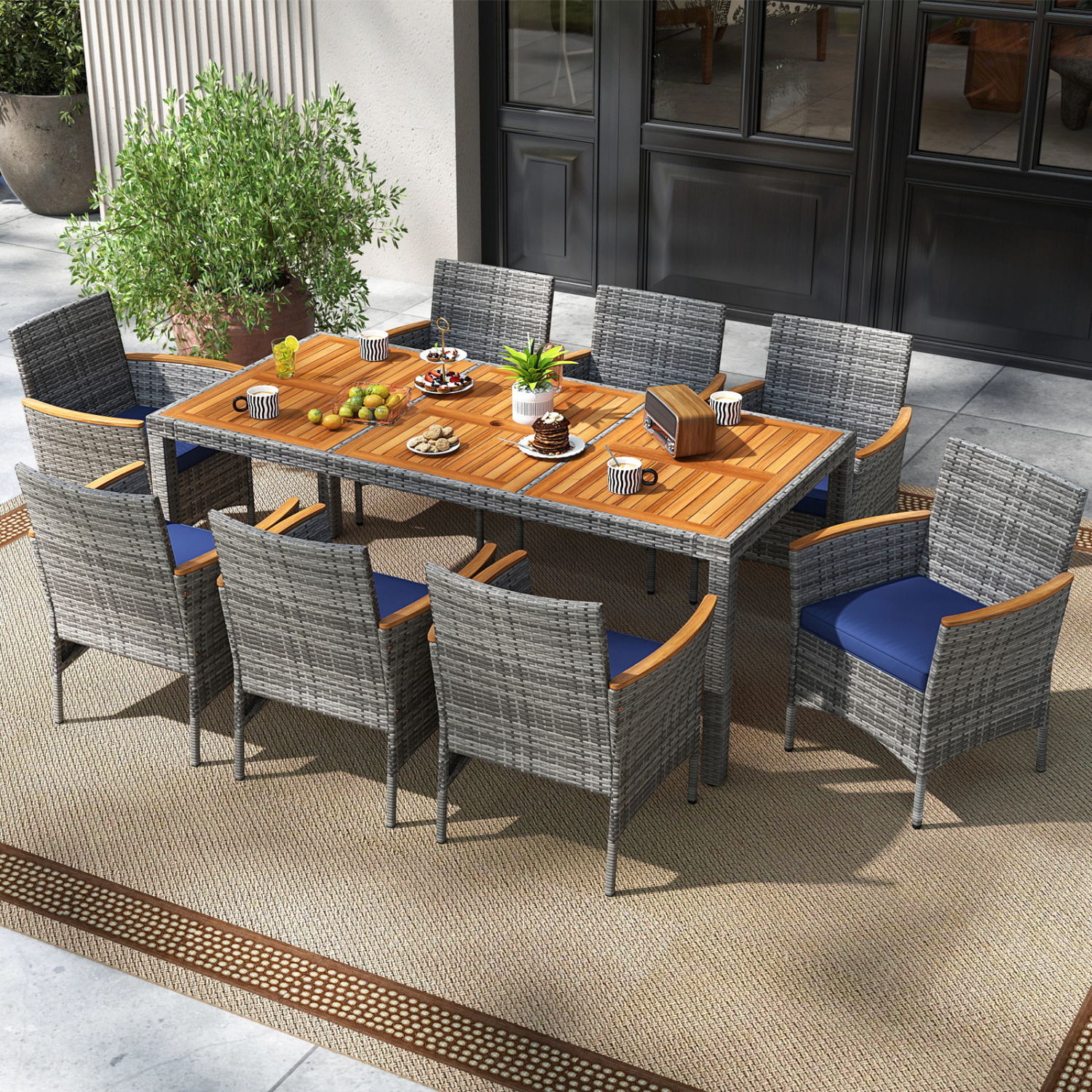 LJG 9 Pieces Patio PE Wicker Dining Set for Deck Garden and Yard