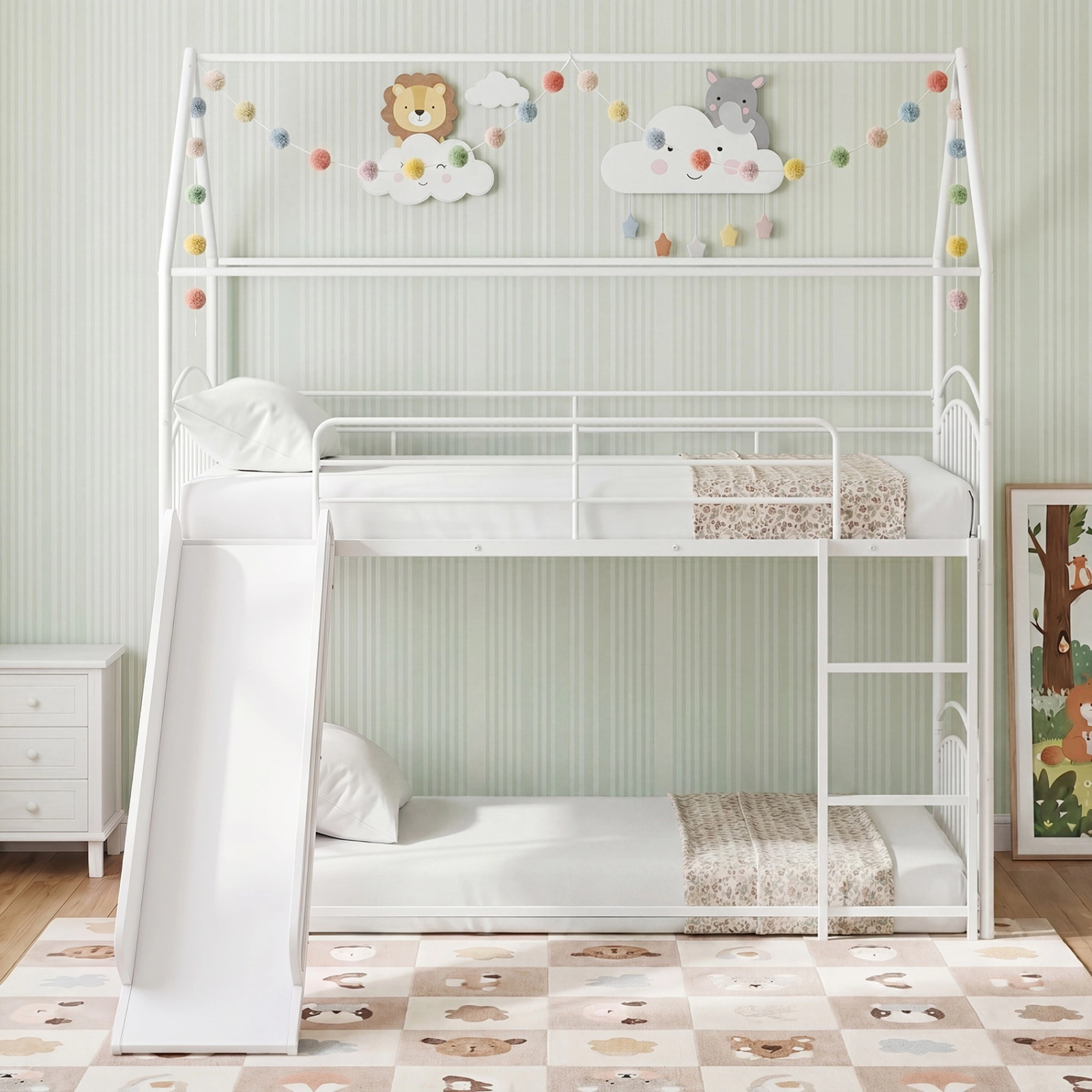 SUGIFT Twin-Over-Twin Metal House Bunk Bed with Slide and Ladder, Black and White
