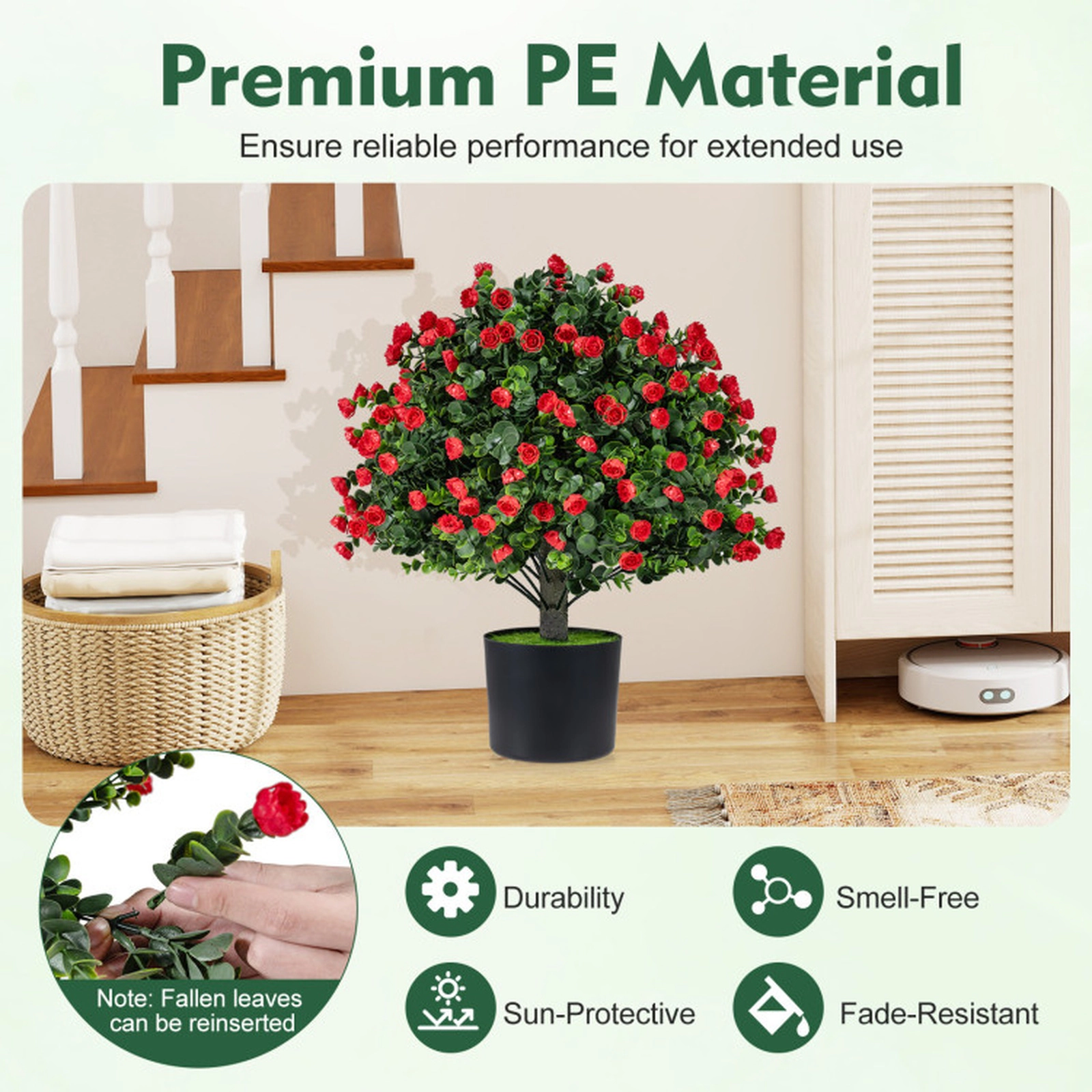 SUGIFT Set of 2 20-in Artificial Red Rose Topiary Ball Trees with Faux Grass and Cement-Filled Pots
