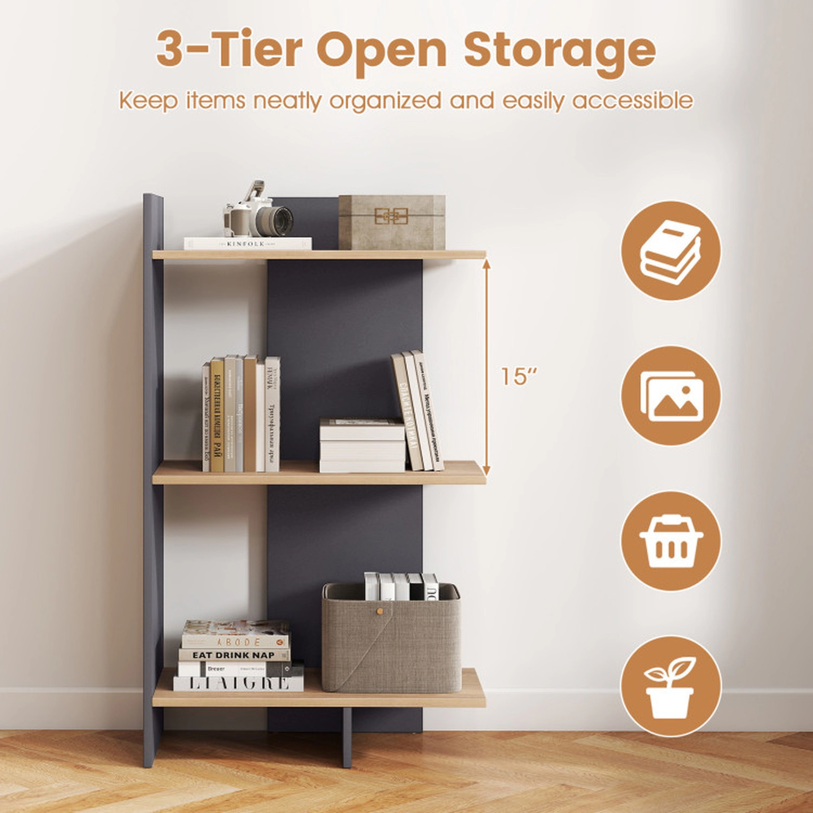 SUGIFT 3-Tier Wooden Bookshelf 39.5 with Anti-Tipping Kit and 15 Spacing