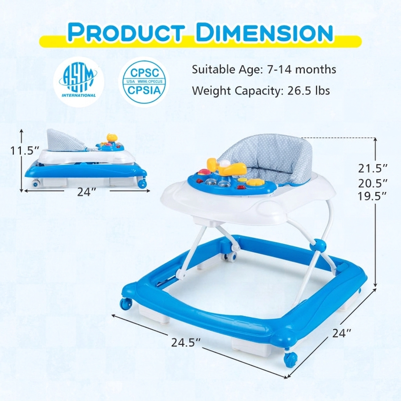 SUGIFT Baby Blue Foldable Walker with Music Tray and 3 Adjustable Heights 24.5-in W 24-in D 26.5-lb Seat Capacity