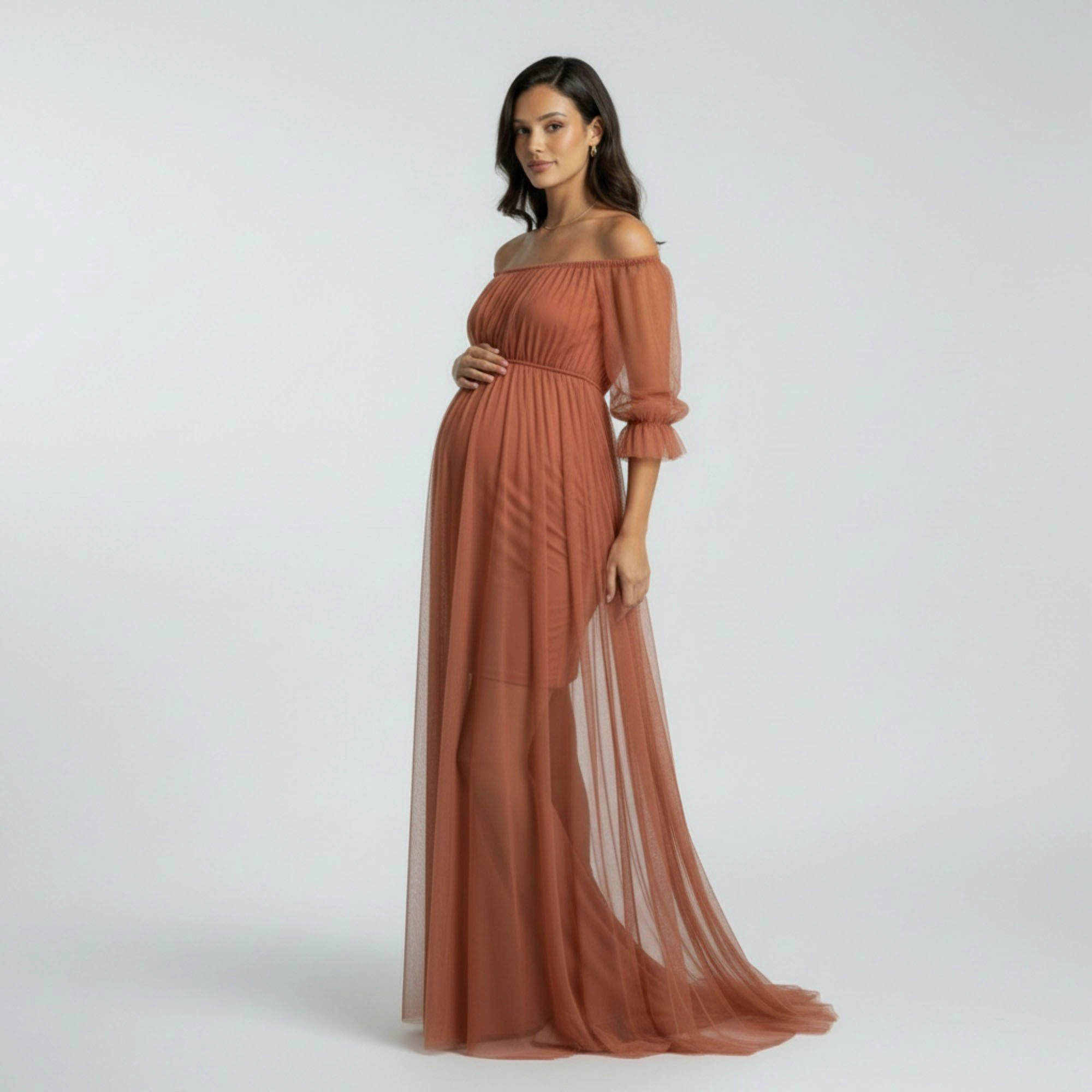 Anna-Kaci Women's Maternity Off Shoulder Mesh Sheer Overlay Empire Waist Flowy Formal Maxi Dress