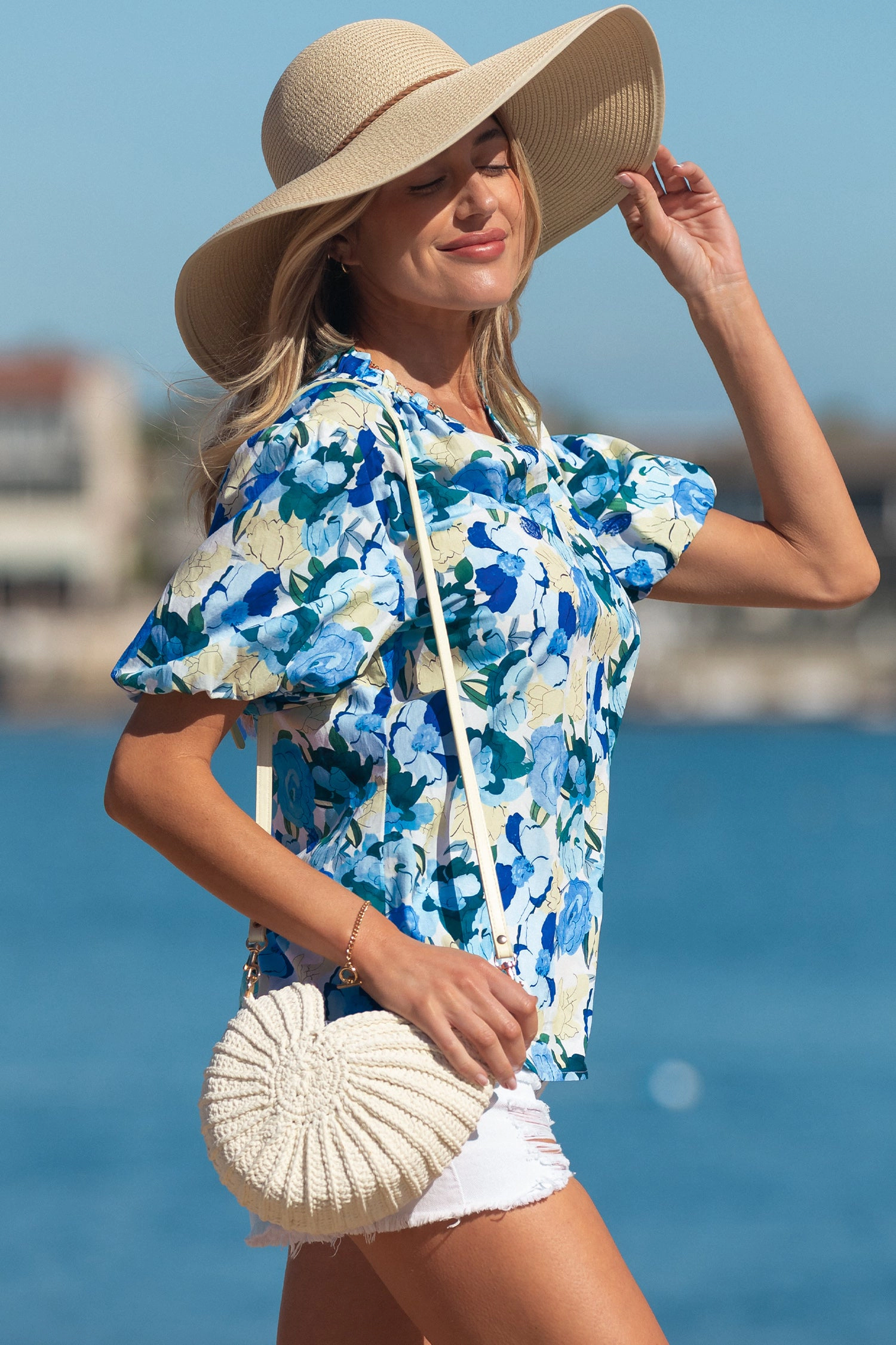 Threaded Pear Leilani Short Puff Sleeve Floral Blouse