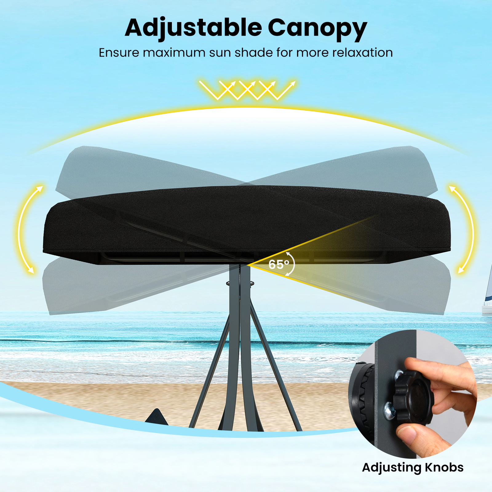 SUGIFT 3-Person Outdoor Porch Swing with Stand and Adjustable Canopy 1000-lb Capacity Rattan Seat Back Black