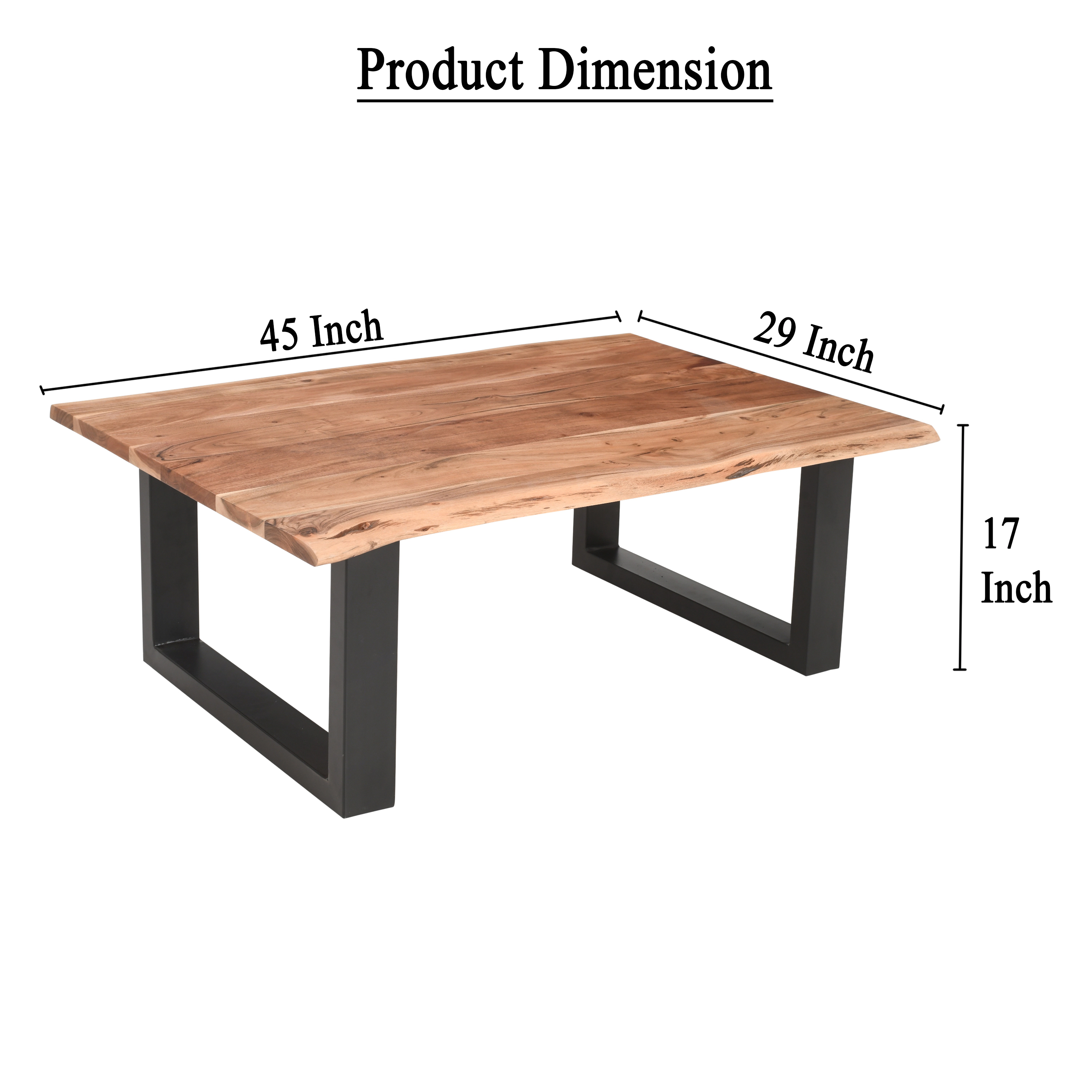 The Urban Port 45 Inch Acacia Wood Rectangular Coffee Table, Live Edge, Black Powder Coated Metal Base, Natural Brown