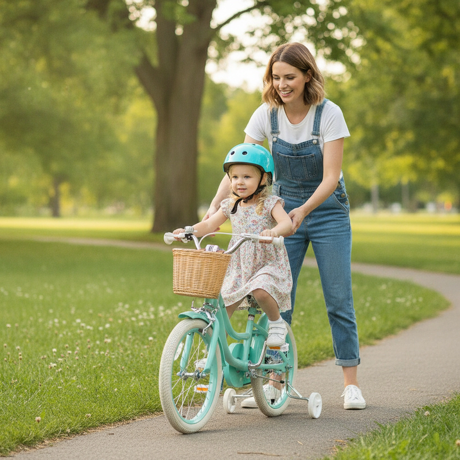 18-in Kids Bike Training Wheels Front Basket Adjustable Saddle Reaching 29-in Multi-Layer Rubber Tires Ages 4-8 Green