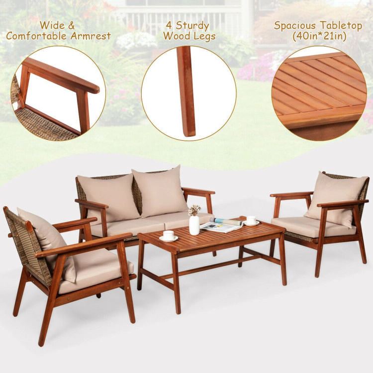 Hivvago 4 Pieces Acacia Wood Patio Rattan Furniture Set With Cushions