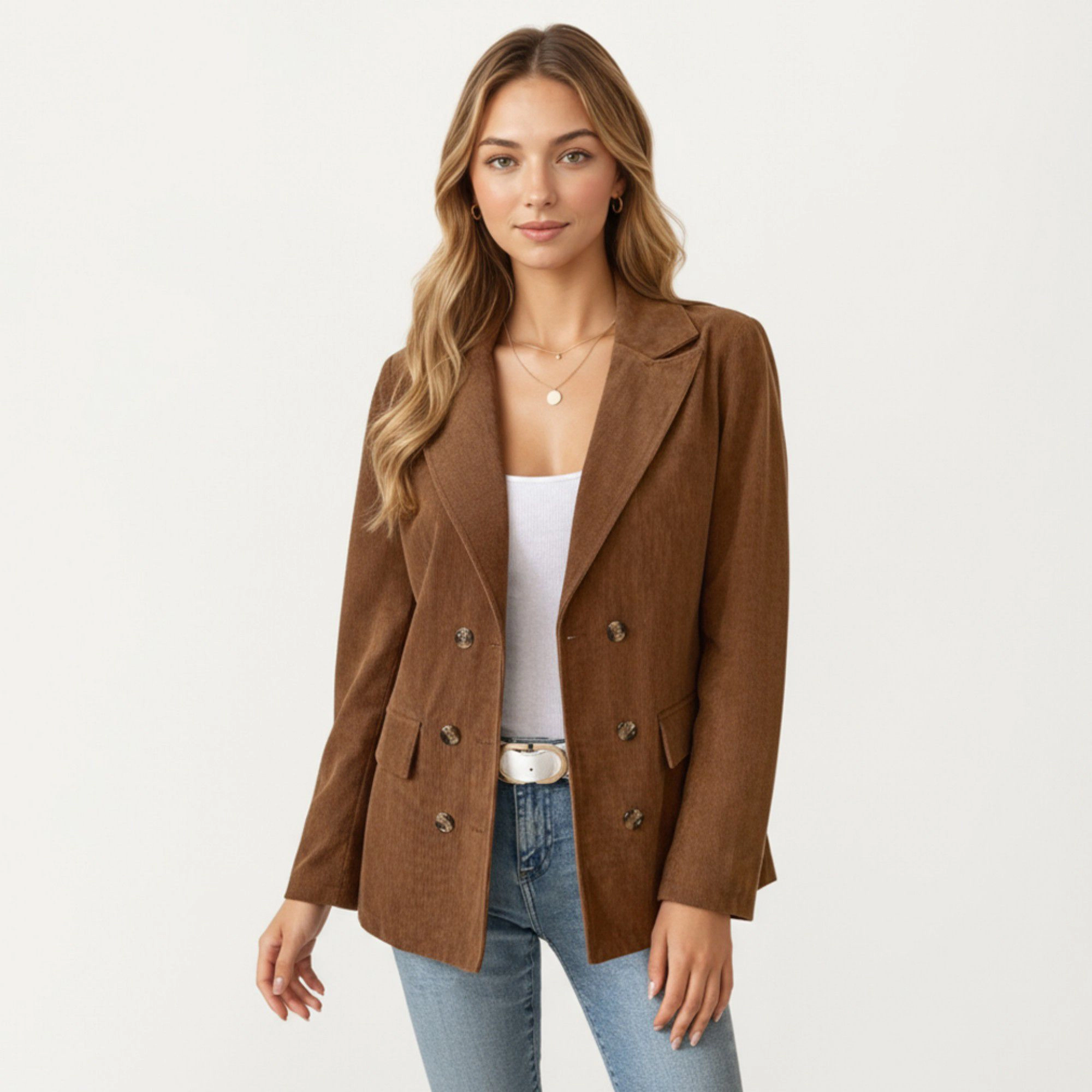 Anna-Kaci Women's Corduroy Double-Breasted Blazer Jacket with Front Flap Pockets