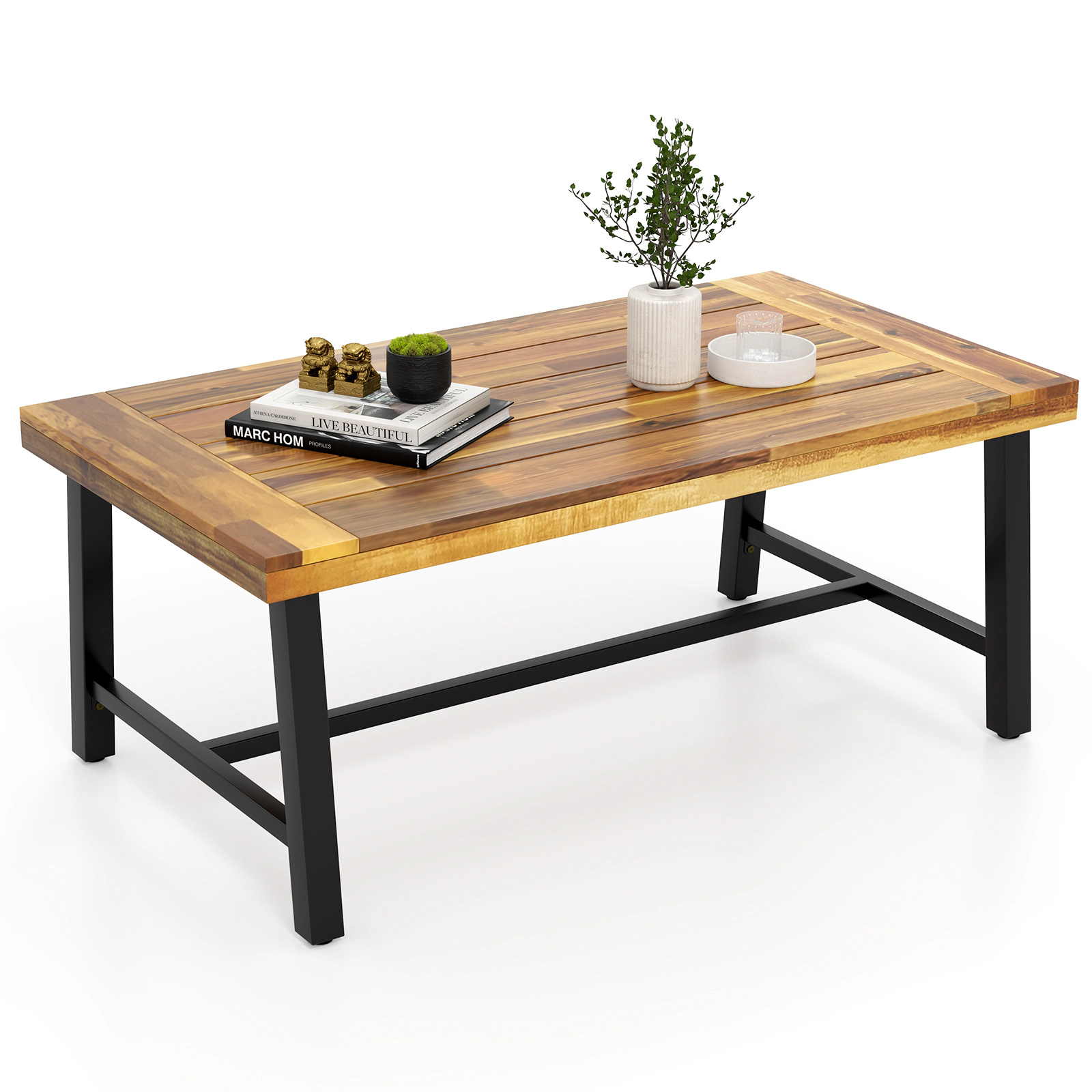 SUGIFT Thick 2-in Top Acacia Wood Coffee Table with Heavy-Duty Metal Legs 165-lb Capacity Natural + Black