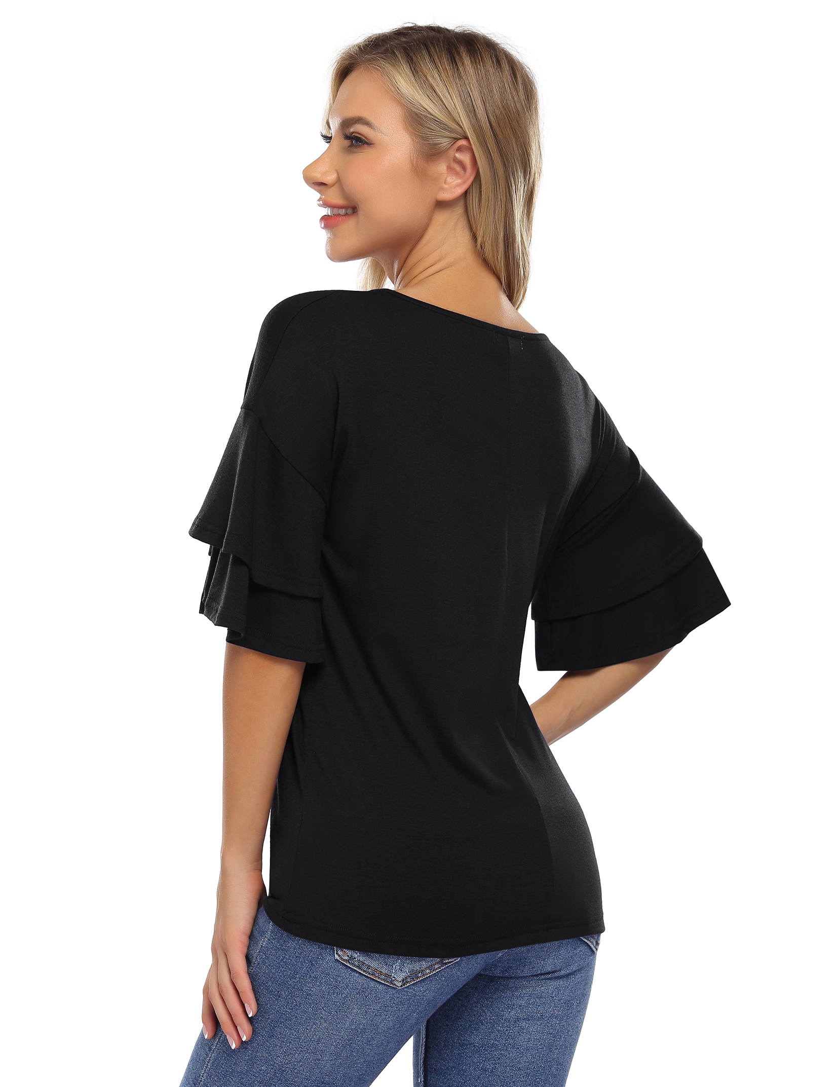 KOJOOIN Women V Neck Tunic Tops Double Tier Ruffle Short Sleeve T-Shirts Dressy Casual Blouse Basic Tee