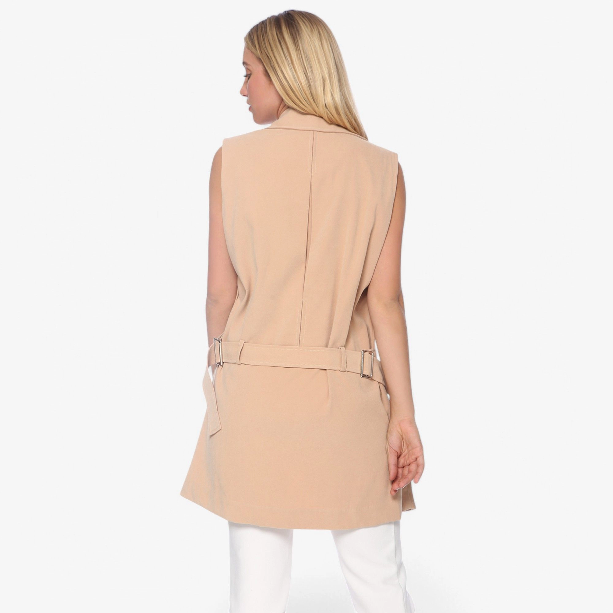 Anna-Kaci Women's Sleeveless Trench Coat with Button Front and Pocket Detail