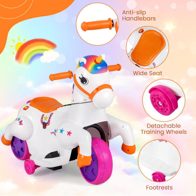 Hivvago 12V Unicorn Ride on Toy with Training Wheels and Horse Riding Mode