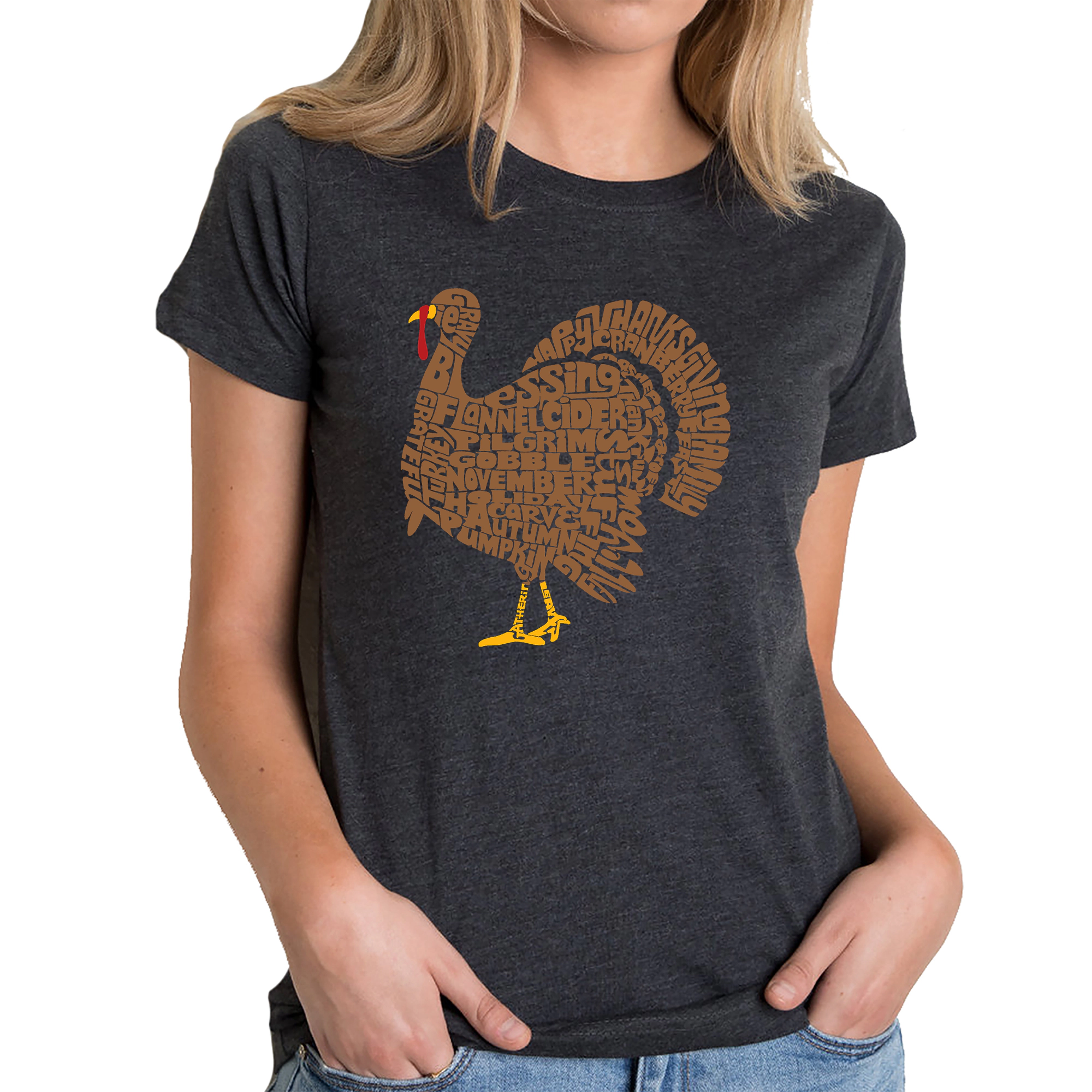 LA Pop Art Women's Cotton/Poly Blend Word T-Shirt - Thankgiving Turkey
