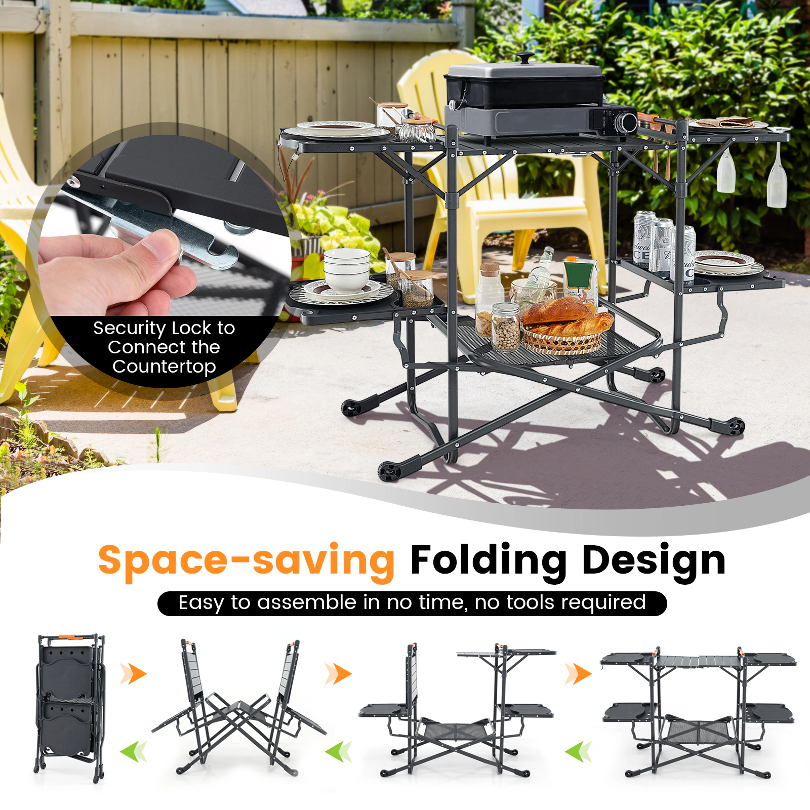SUGIFT Folding Outdoor Cook Station, Heat-Resistant Aluminum Tabletop, 4 Side Tables and Storage Rack