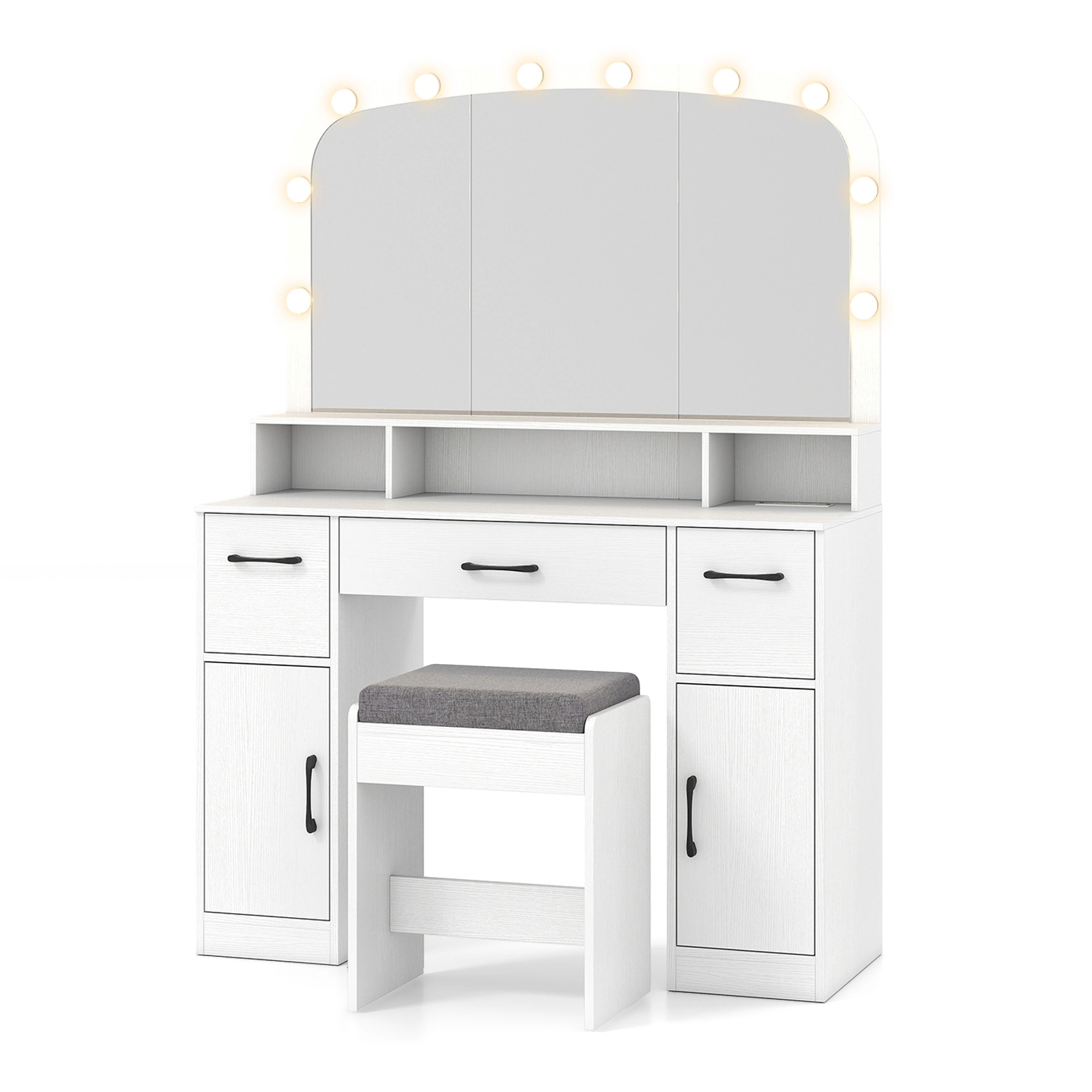 SUGIFT Vanity Desk White with Stool 3-Color Lighted Mirror and Charging Station