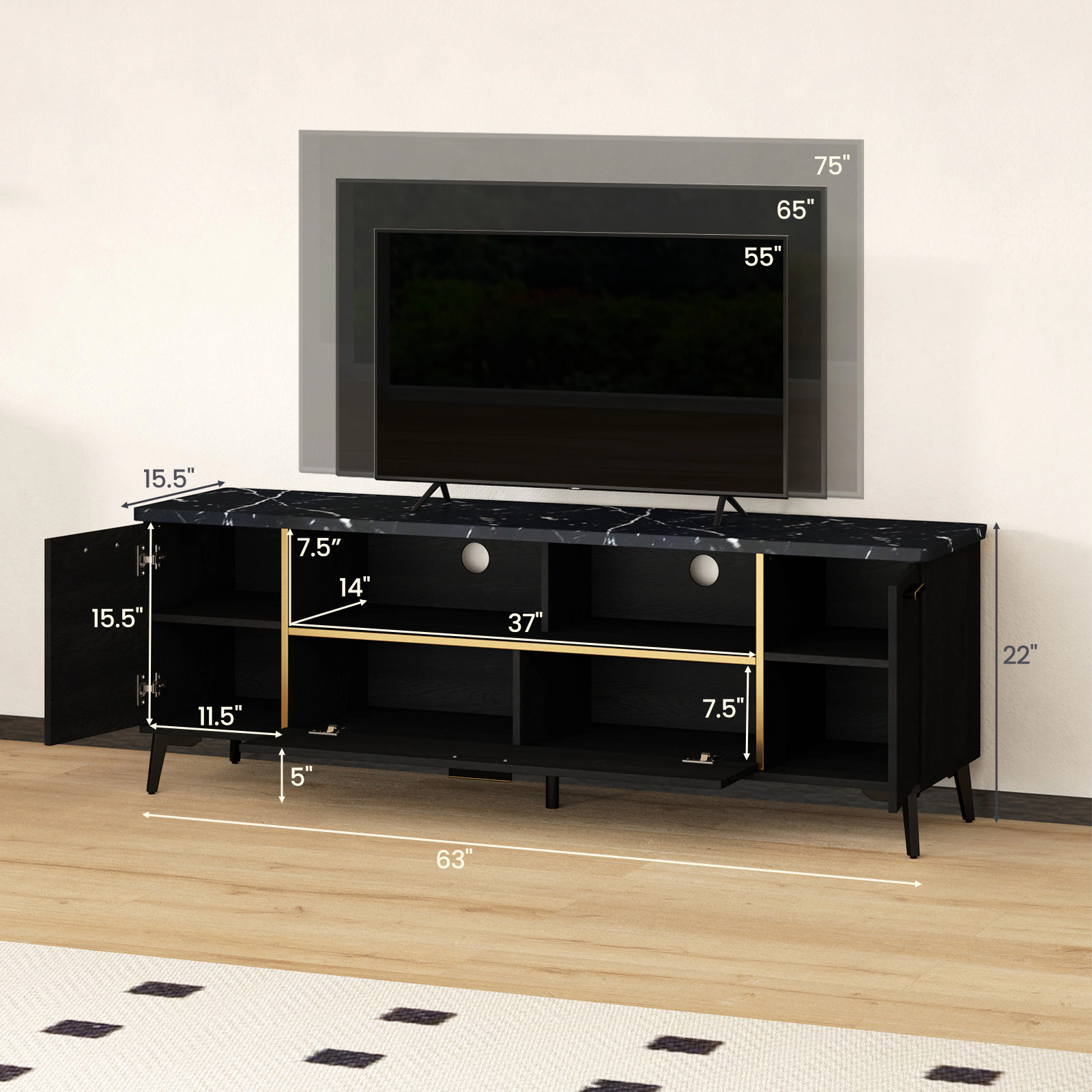 Glintex 63-Inch TV Stand with Flip-Down Door and Faux Marble Top, Black