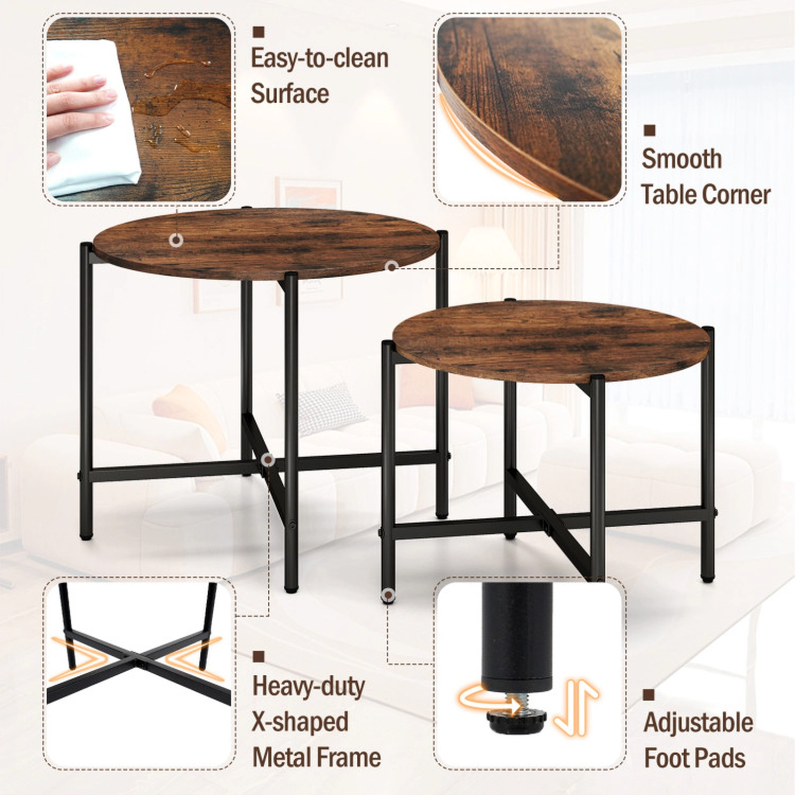 SUGIFT Set of 2 Round Nesting Cross Metal Frame Wood Coffee Tables 25.5-in Dia x 20-in H 200-lb Capacity Rustic Brown