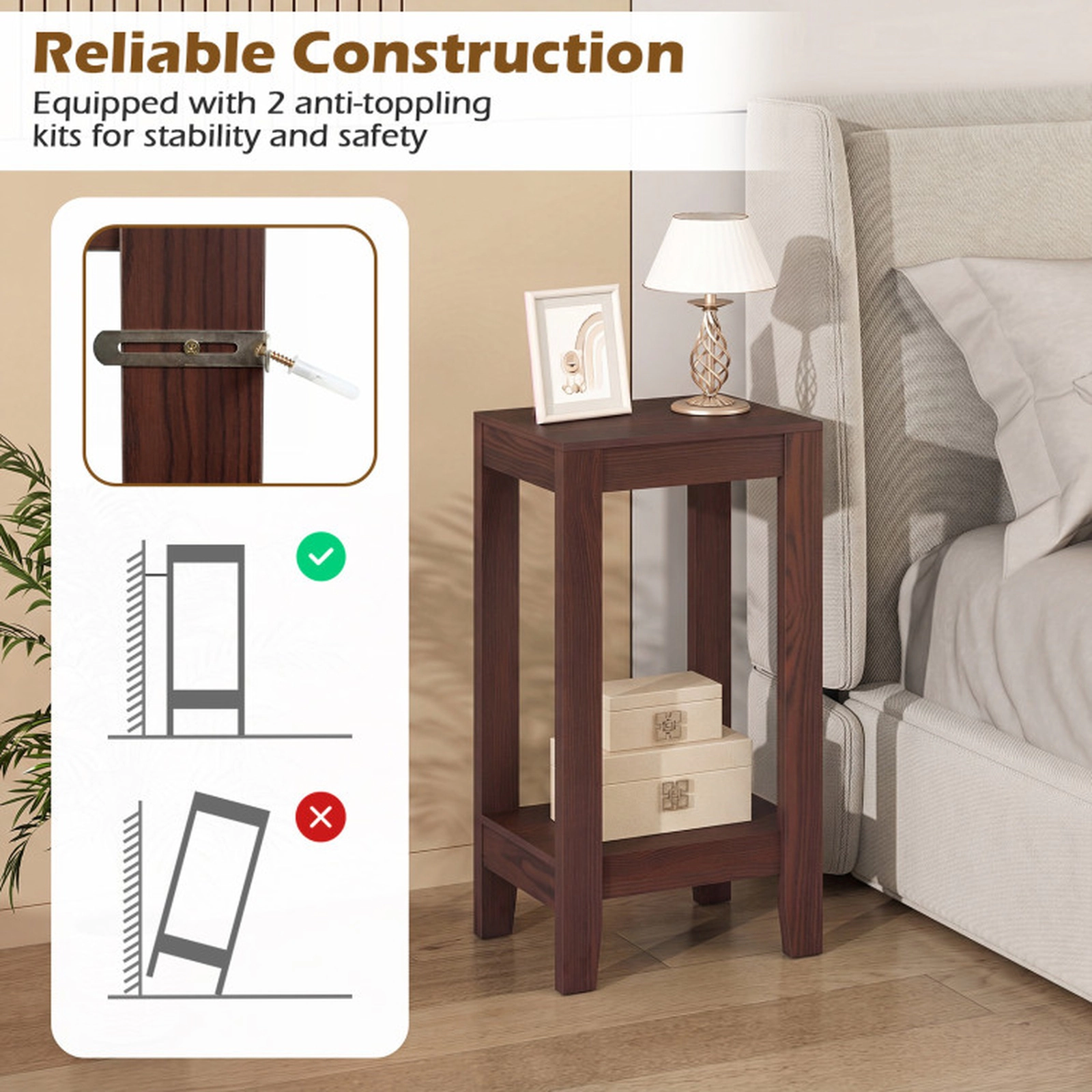 SUGIFT Set of 2 Narrow 2-Tier Open Shelf Solid Wood Legs MDF End Tables 16-in x 12-in x 29-in 11-lb Capacity Brown