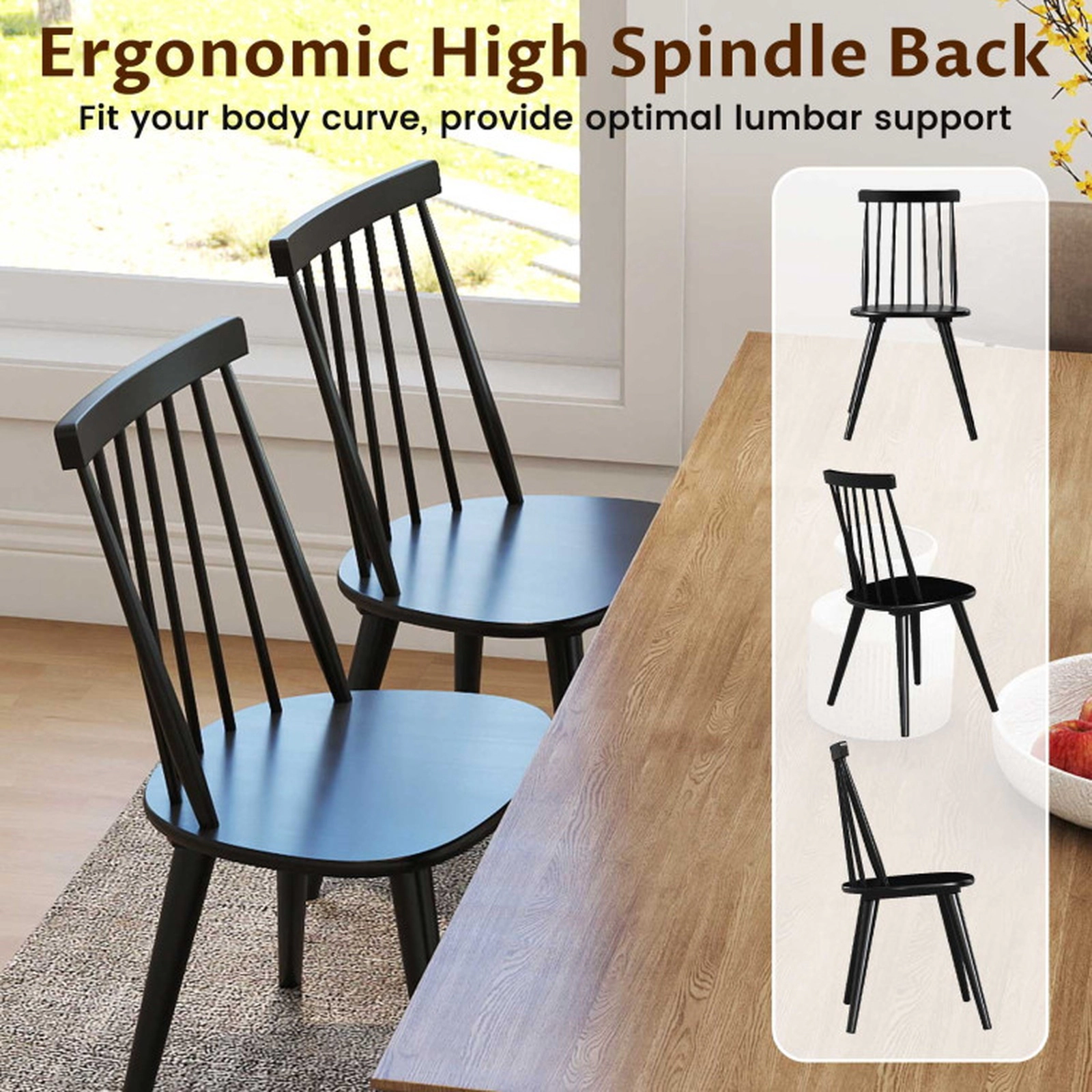 SUGIFT Set of 4 Black 330-lb Capacity Solid Rubber Wood Windsor Dining Chairs with High Spindle Back