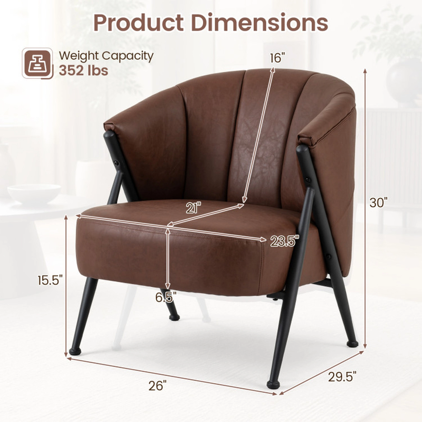 SUGIFT Mid Century Modern Accent Chair with Curved Backrest and Wide 23.5 x 21 in Seat 352-lb Capacity Brown