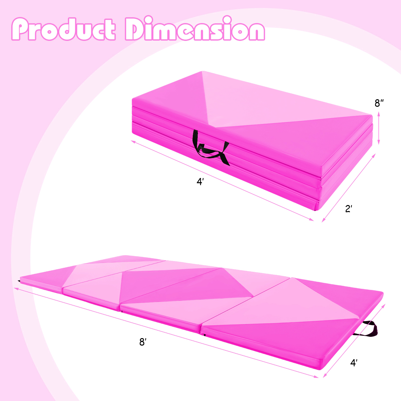 SUGIFT 8-Foot PU Leather Folding Gymnastics and Yoga Mat with Hook and Loop Fasteners 11-lb Net Weight Pink