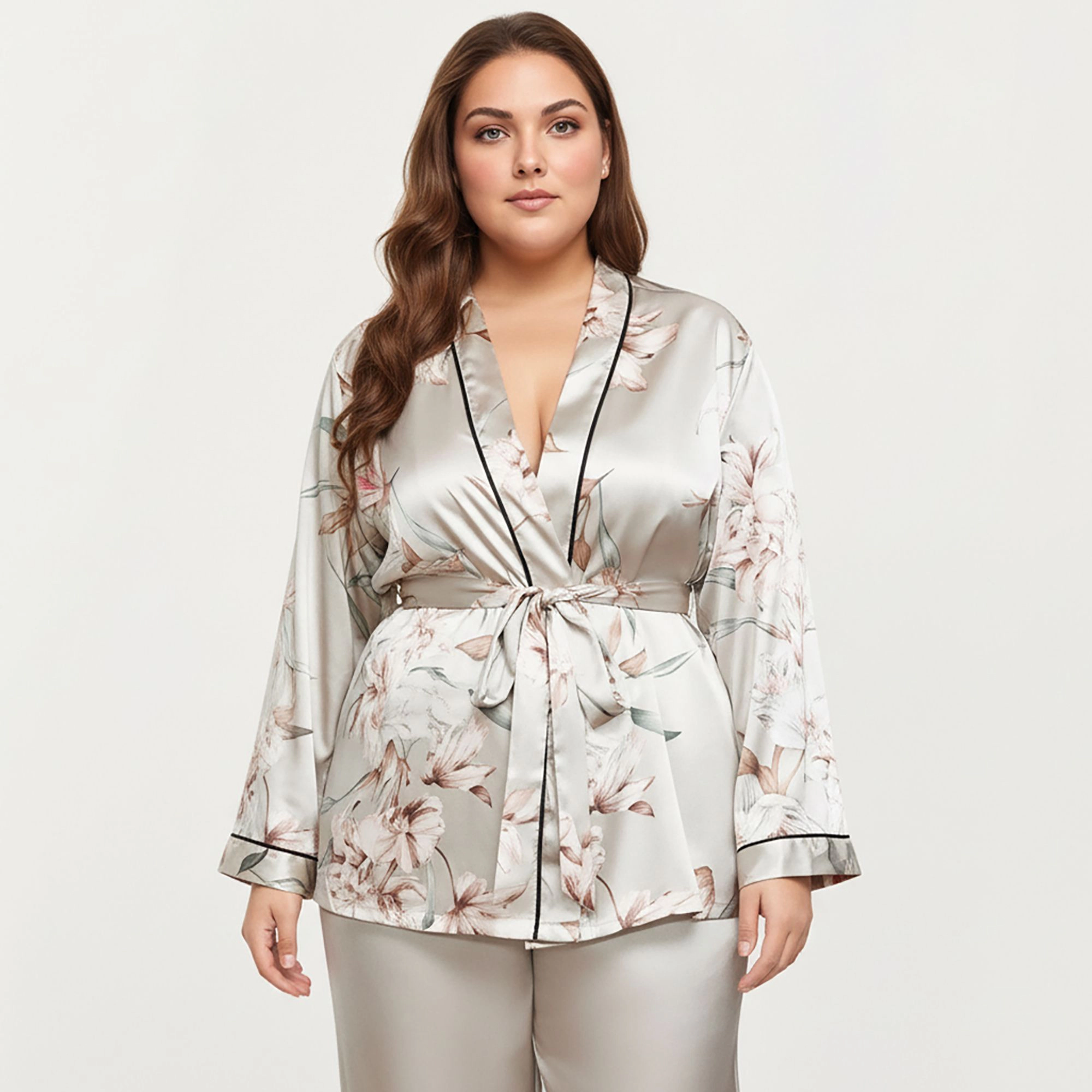 Anna-Kaci Women's Plus Satin Pajama Set with Wrap Front Tie Waist Top and Straight Leg Pants