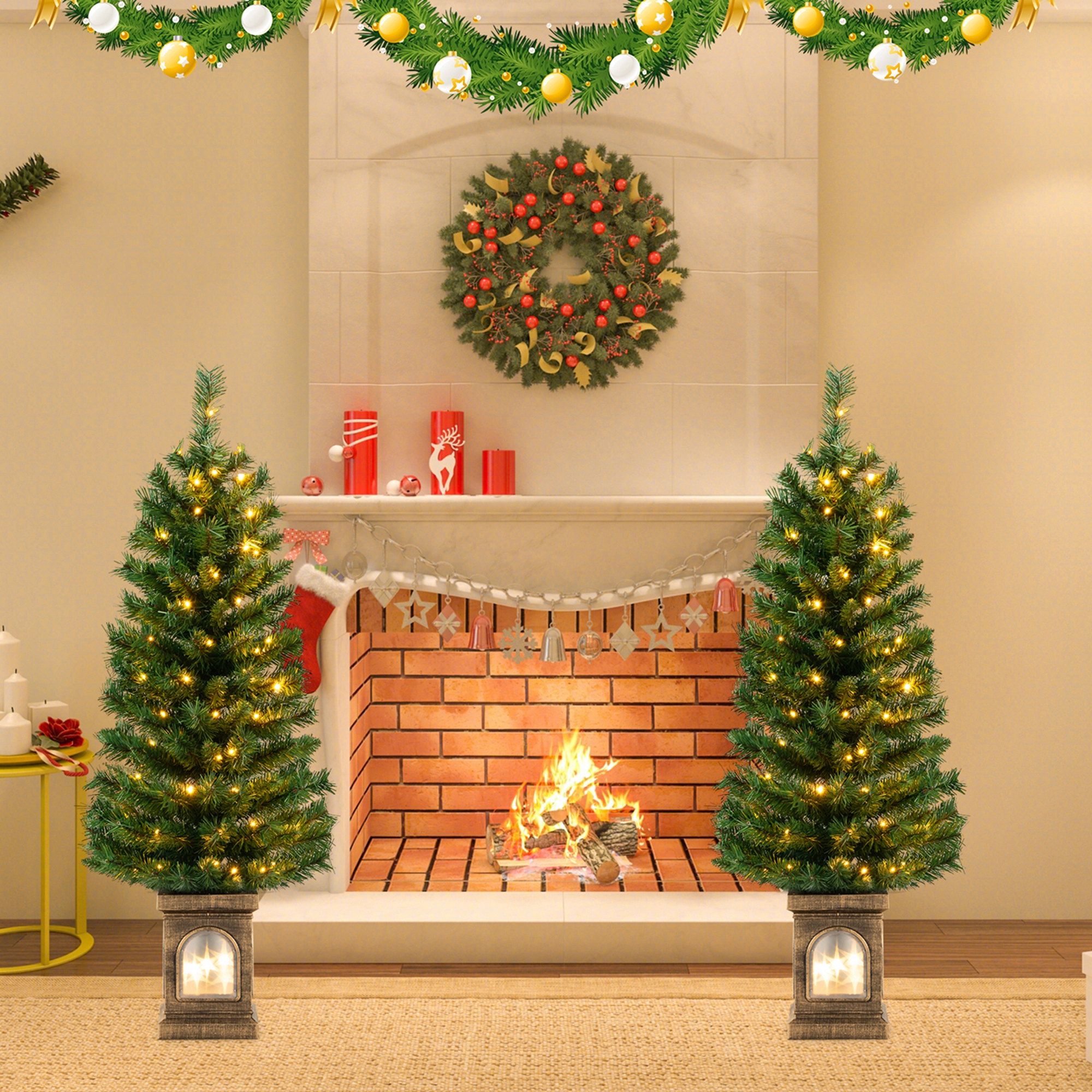 Costway 1 PC 4 FT Pre-Lit Potted Christmas Tree Artificial Entrance Decor with 3 Lighting Modes