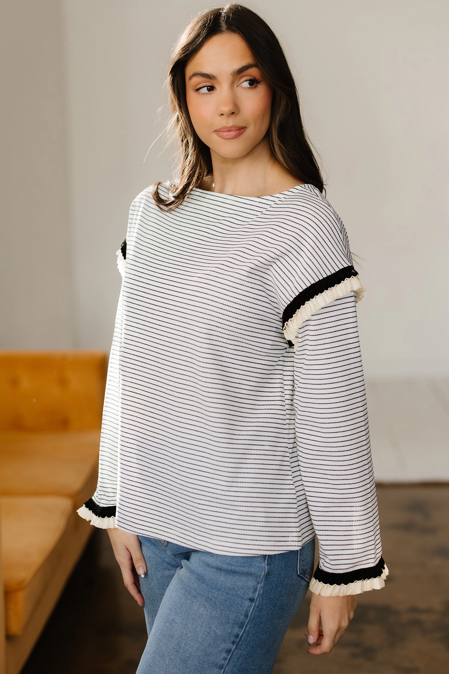 Threaded Pear Women's Anya Ruffle Trim Loose Long Sleeve Top
