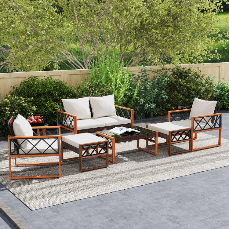 Hivvago 7 Pieces Patio Furniture Set Pe Wicker Acacia Wood Outdoor Conversation Set