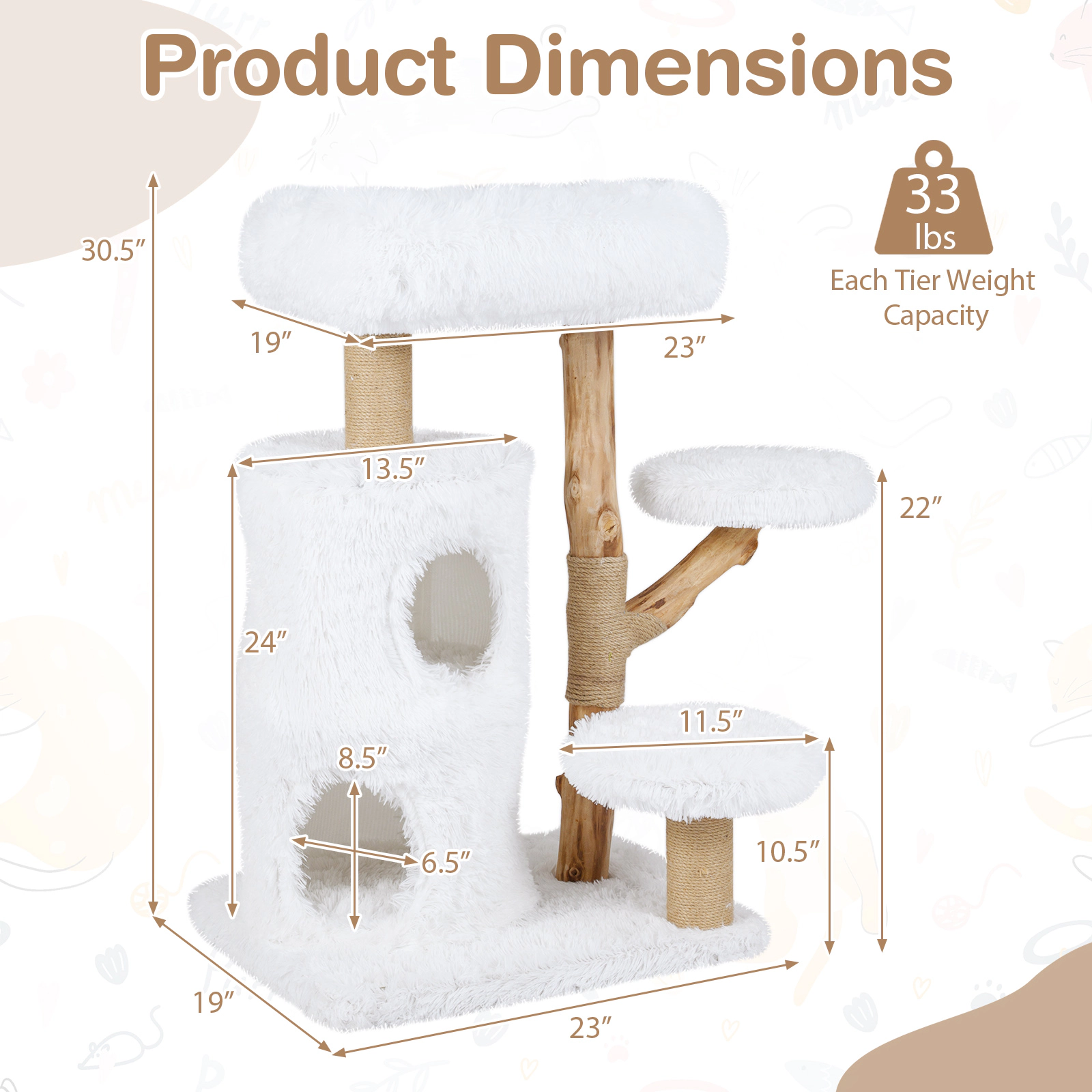 SUGIFT Modern 30.5-in Cat Tree Tower with Pear Wood Branches and Condos 33-lb Capacity White+Natural