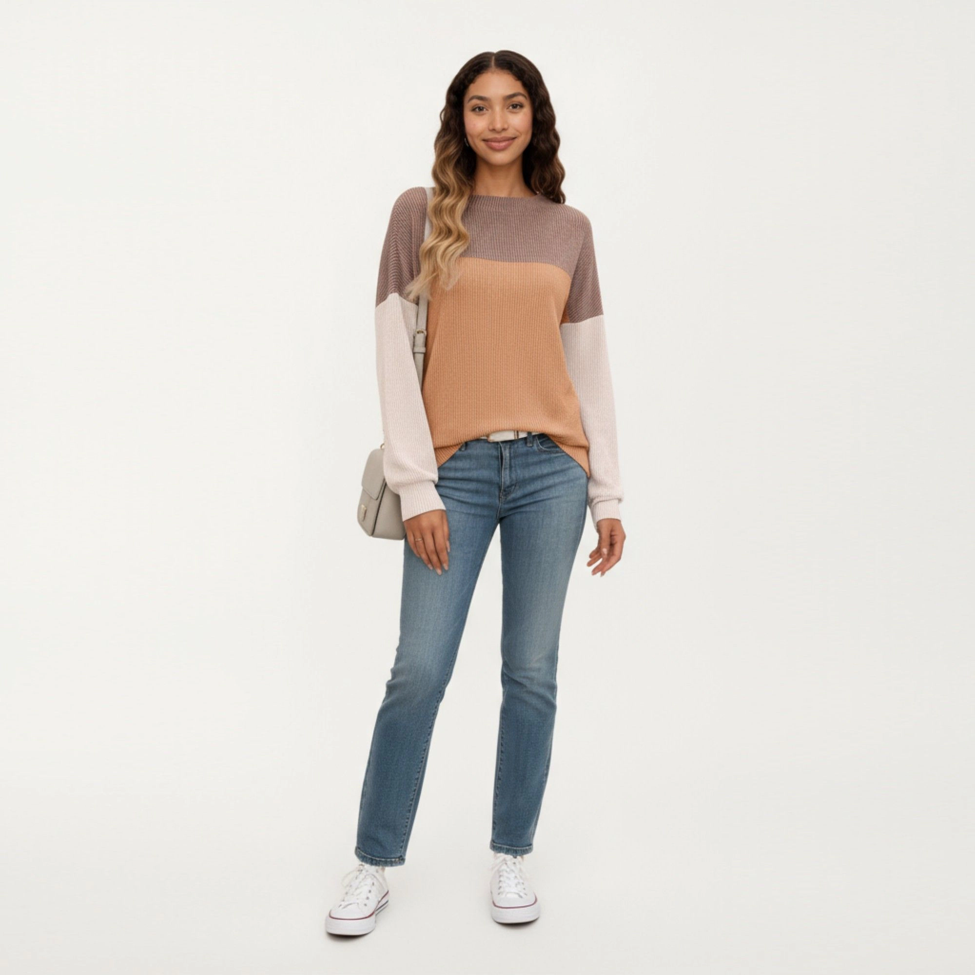 Anna-Kaci Women's Tri-Tone Colorblock Crew Neck Relaxed Fit Long Sleeve Pullover Top