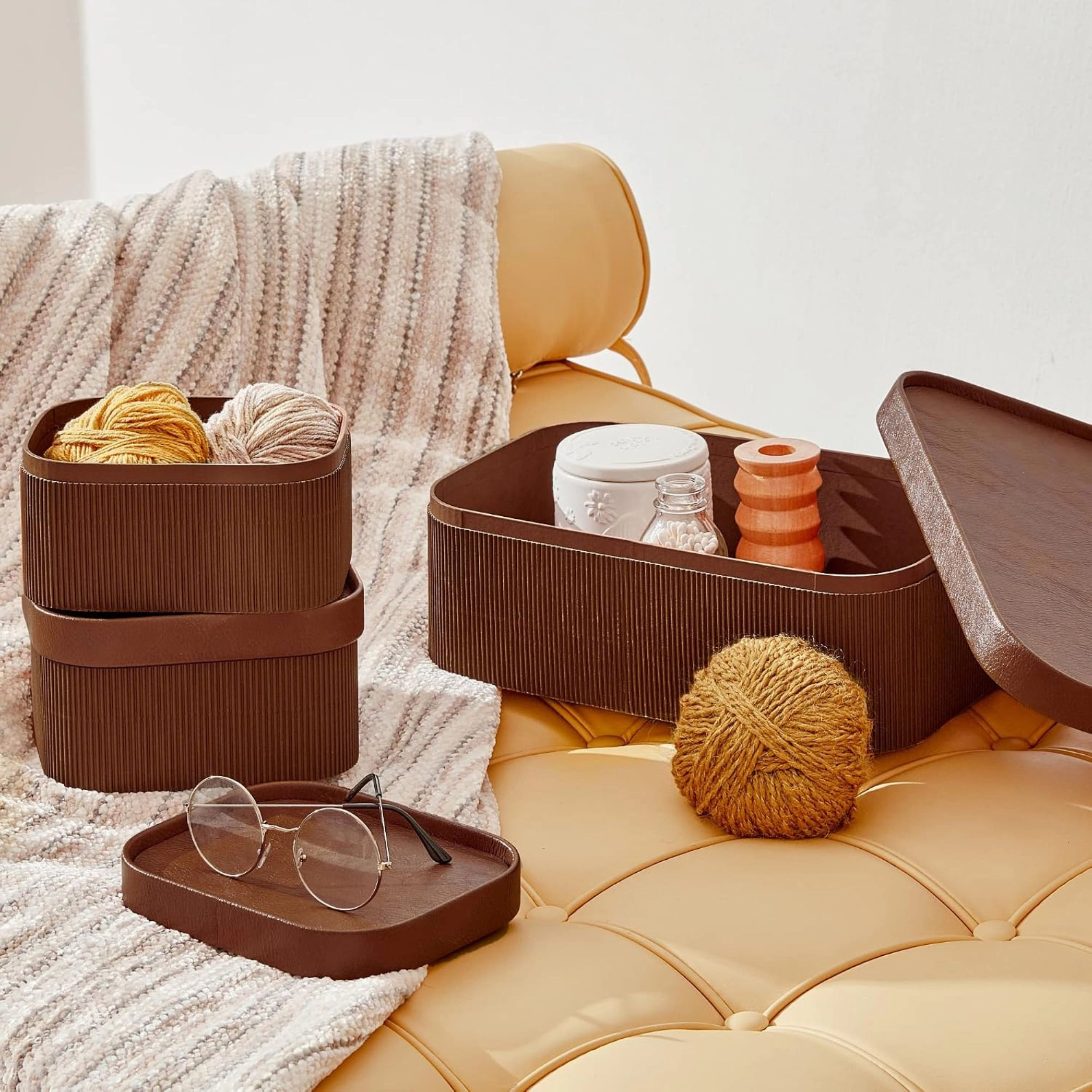 Stock Preferred Pack of 3 Decorative Storage Boxes with Faux Leather Lids