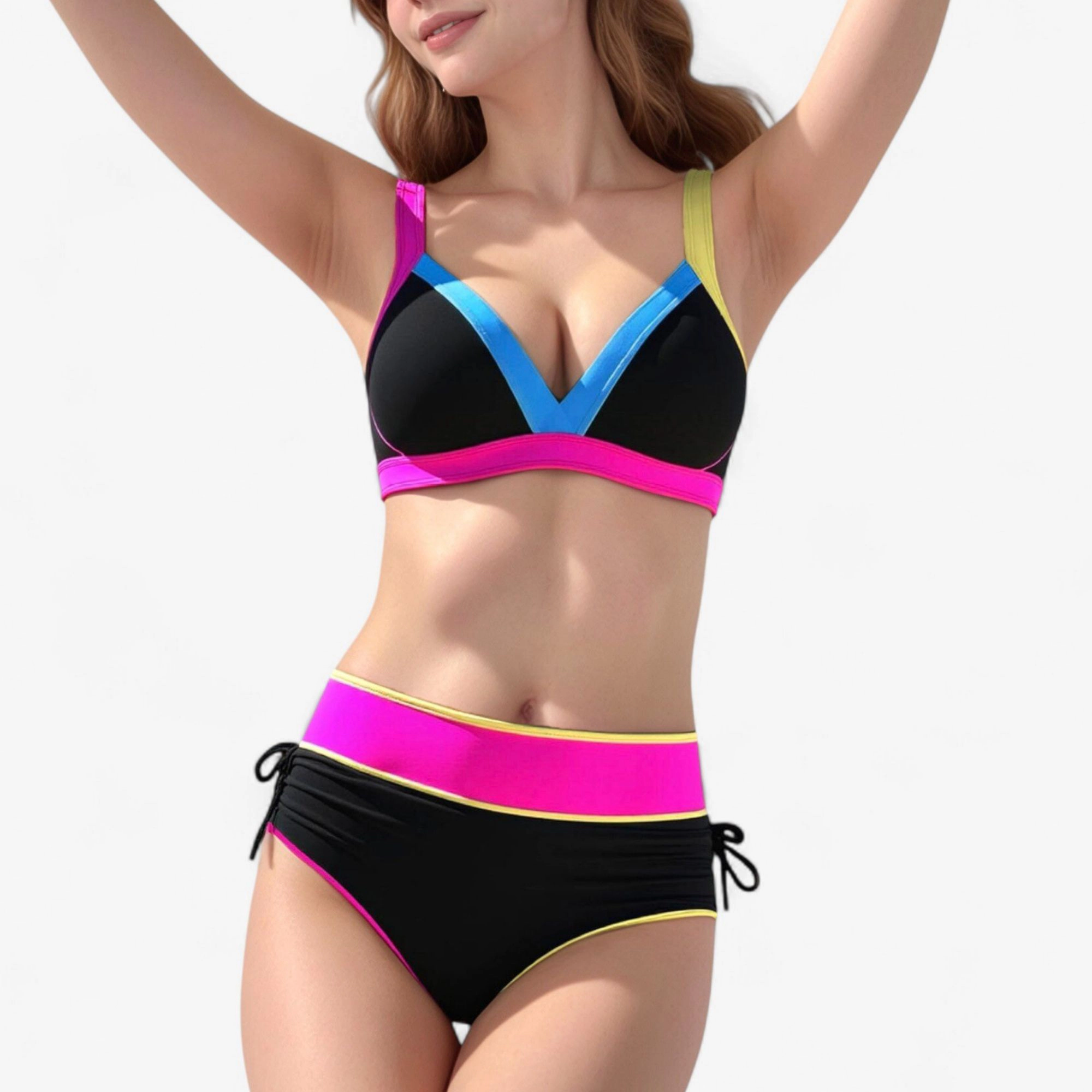 Anna-Kaci Colorblock High Waist Bikini Set, Adjustable V-Neck Top and Side Ruched Bottoms