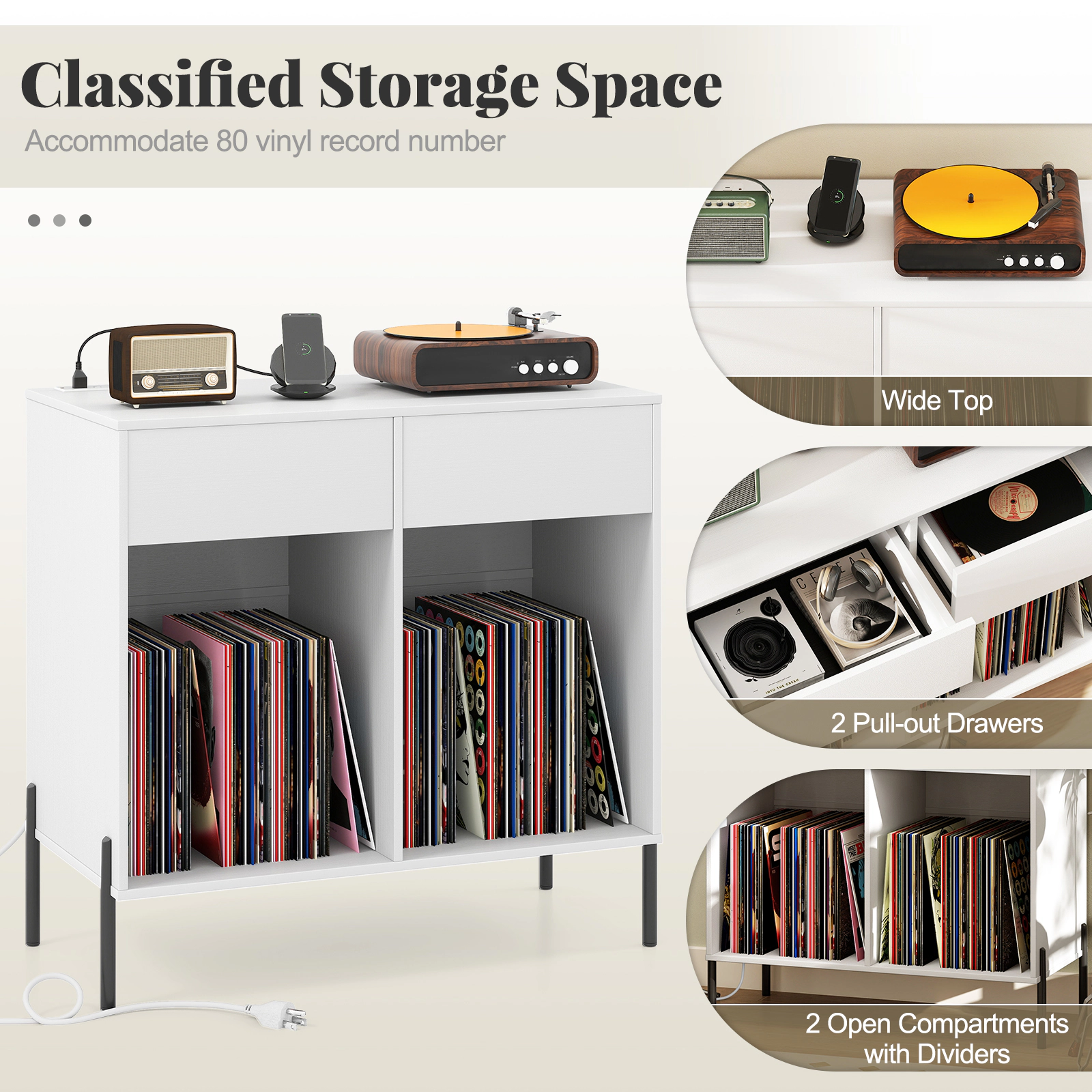 SUGIFT White Record Player Stand with Power Strip, USB Ports and Vinyl Storage