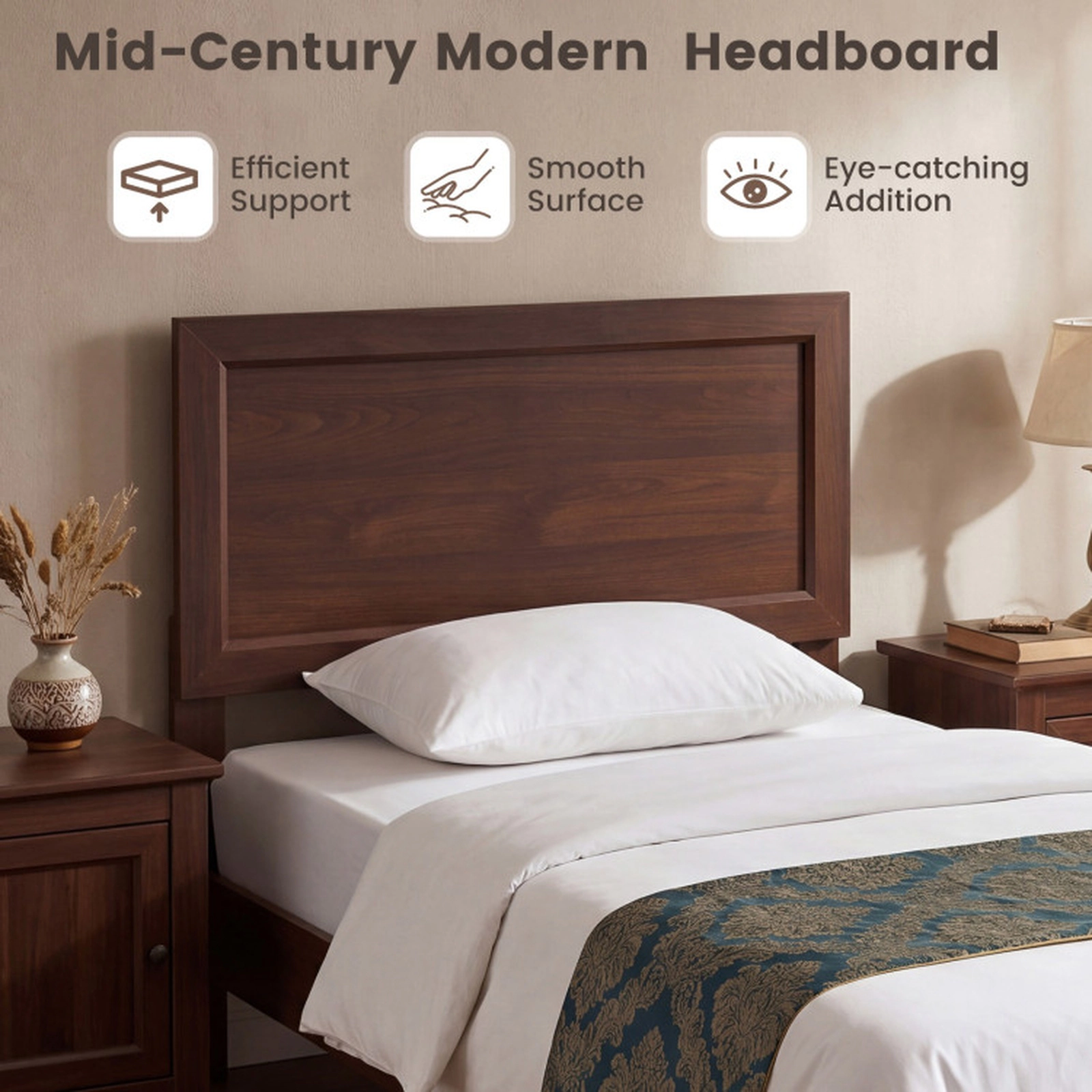 SUGIFT Twin Size Platform Bed Frame with Mid-Century Headboard 500-lb Capacity White/Walnut