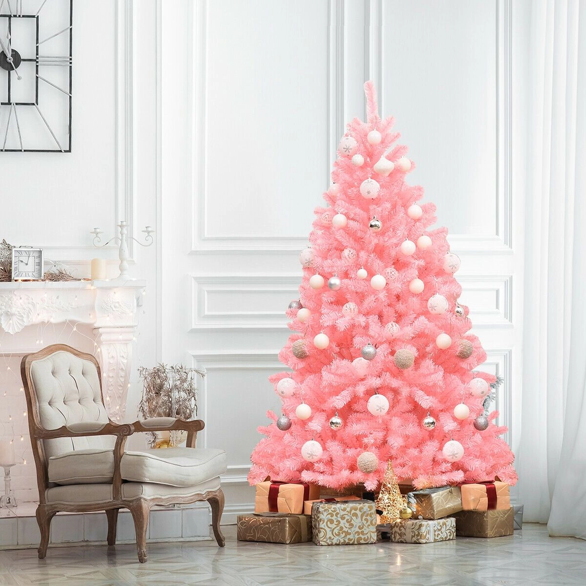 SlickBlue Full Shape Pink Christmas Tree with Hinged Sections and Metal Stand