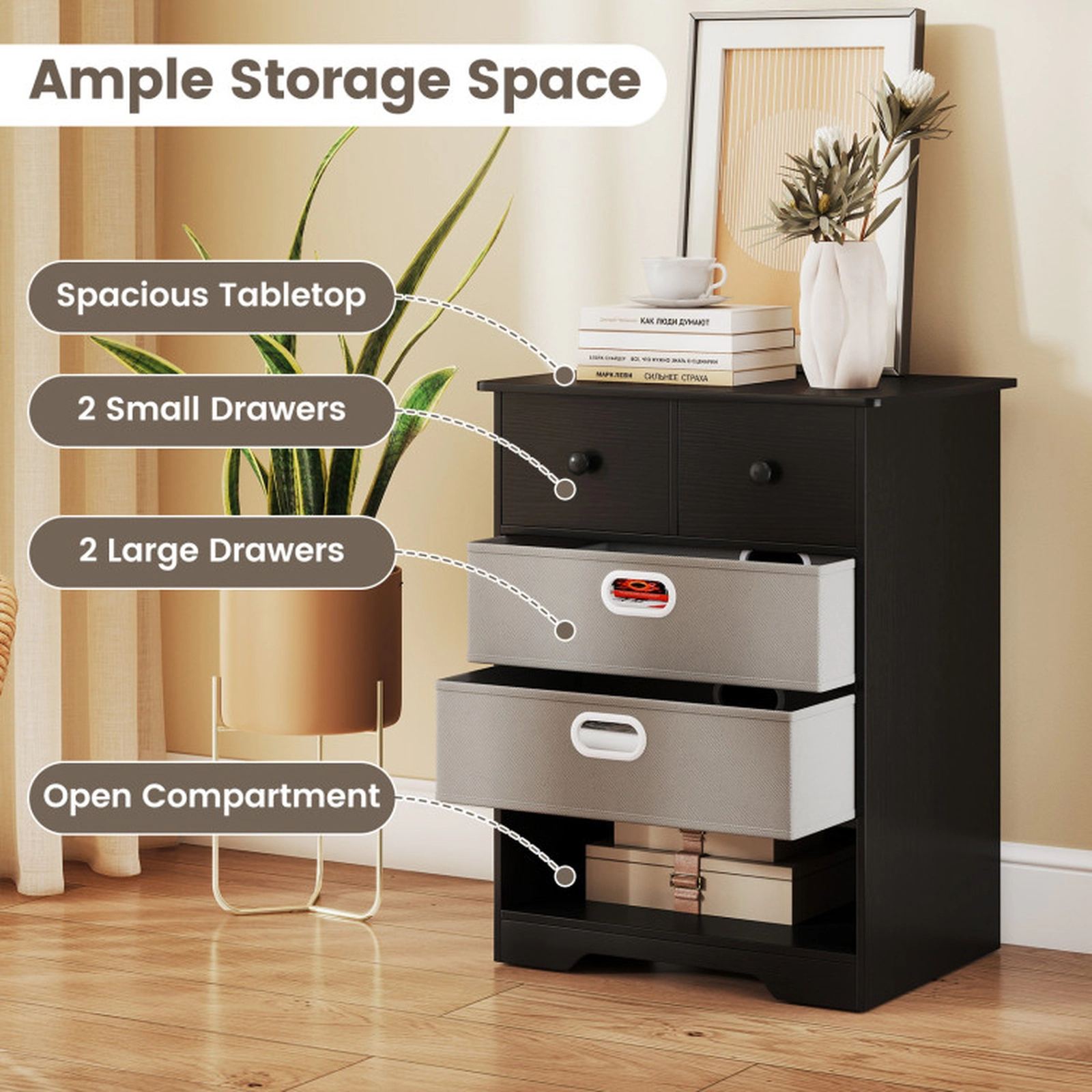 SUGIFT 4-Drawer Dresser Modern Accent Cabinet Storage Organizer with Open Shelves 100-lb Tabletop Capacity Black + Gray