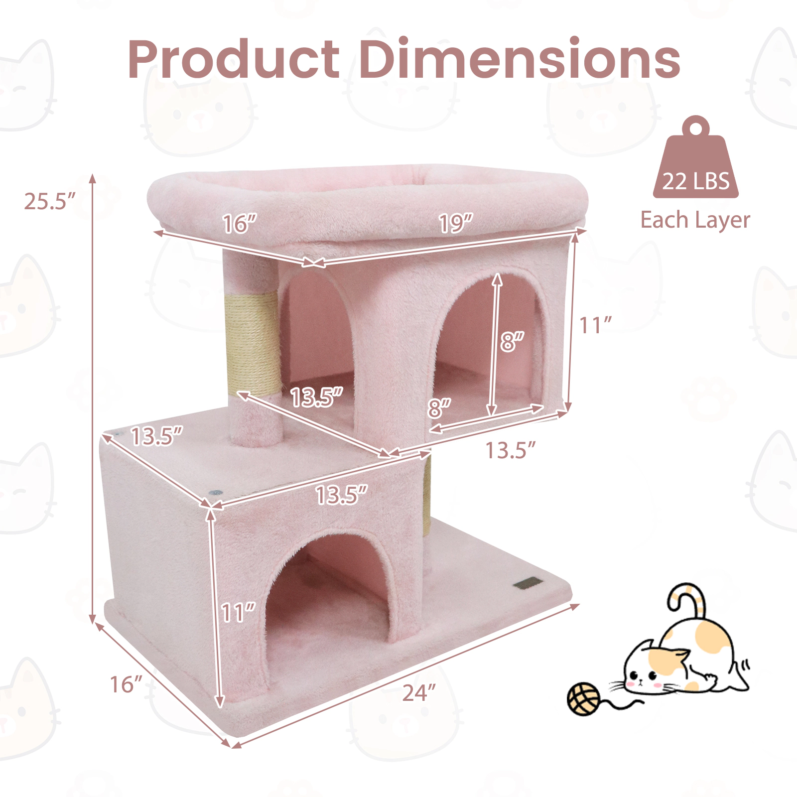SUGIFT 25.5-in Pink Space-Saving Modern Cat Tree Tower with 19-in Perch 2 Condos and Sisal Posts