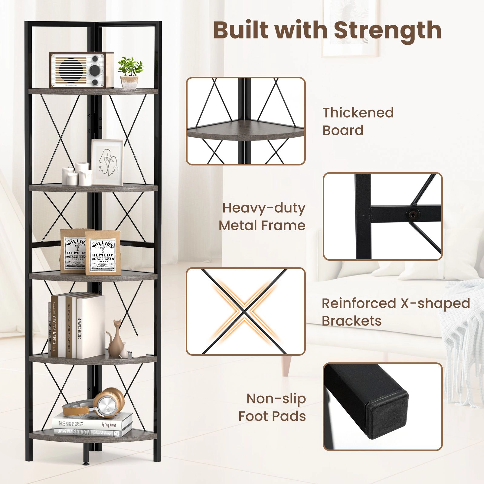 SlickBlue 5 Tier Corner Bookshelf with Metal Frame Storage