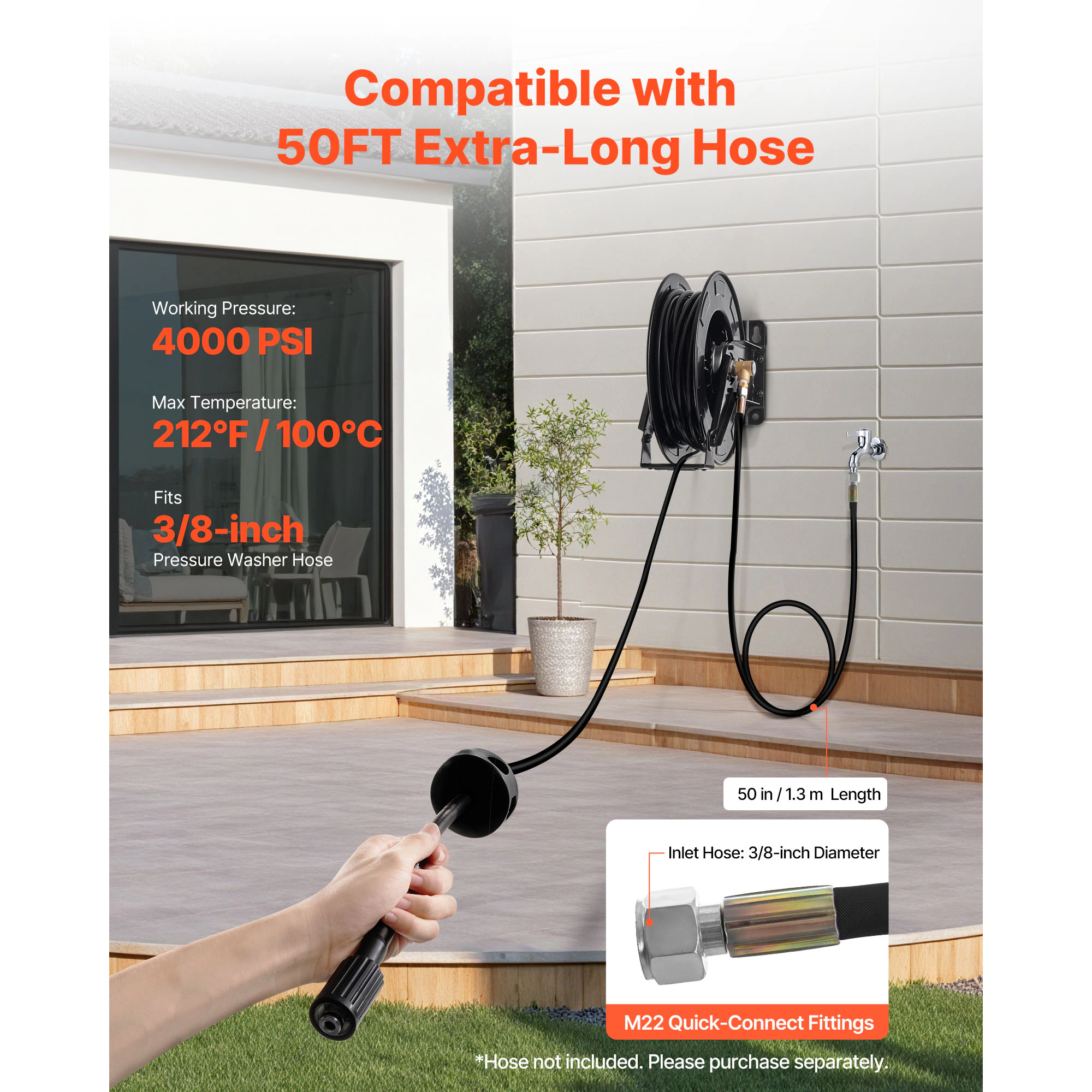 HONGGE Pressure Washer Hose Reel, Auto-Rewind 50 ft x 3/8-inch Steel Reel, 4000 PSI, Wall/Floor Mount