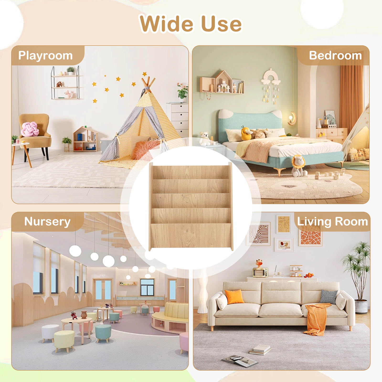 SUGIFT Natural 4-Tier 23-in Kids Bookshelf with Deep Open Compartments Rounded Corners and Trapezium Frame