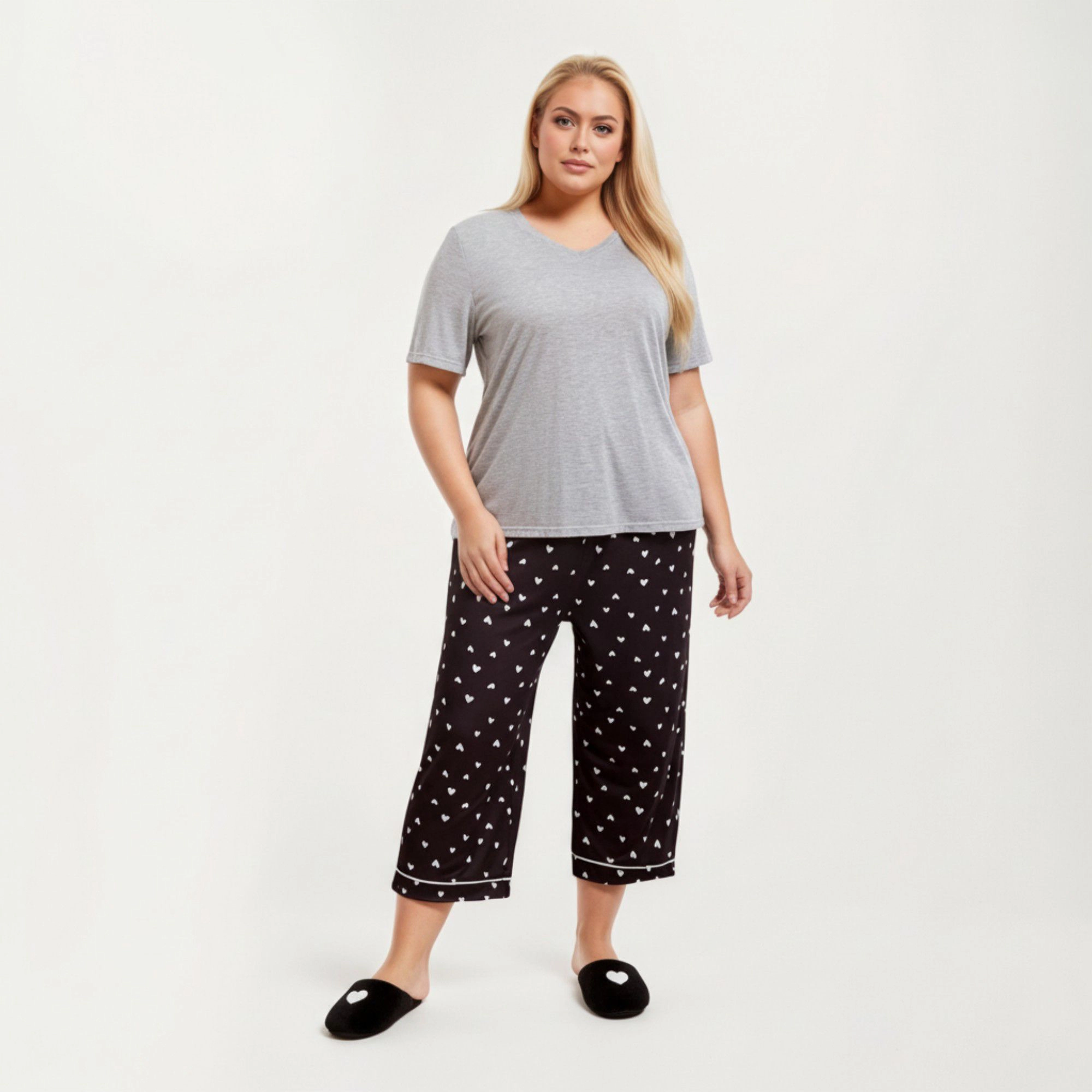 Anna-Kaci Women's 2-Piece Soft Knit Valentine Short Sleeve Top and Heart Print Capri Pajama Pants with Stretch Waist Tie
