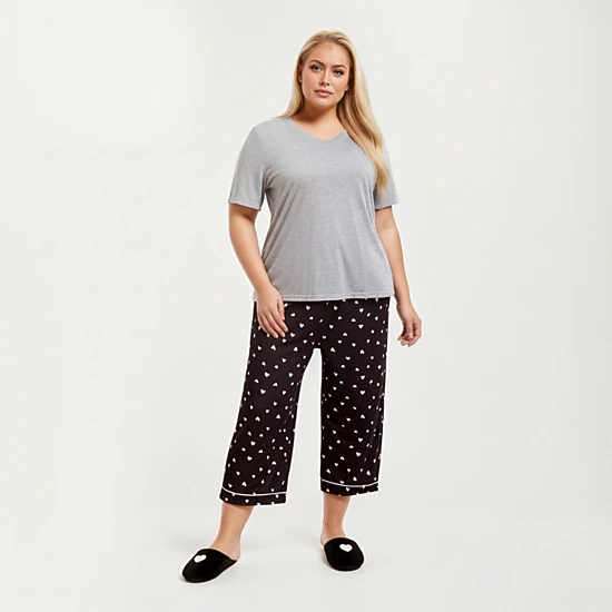 Anna-Kaci Women's 2-Piece Soft Knit Valentine Short Sleeve Top and Heart Print Capri Pajama Pants with Stretch Waist Tie